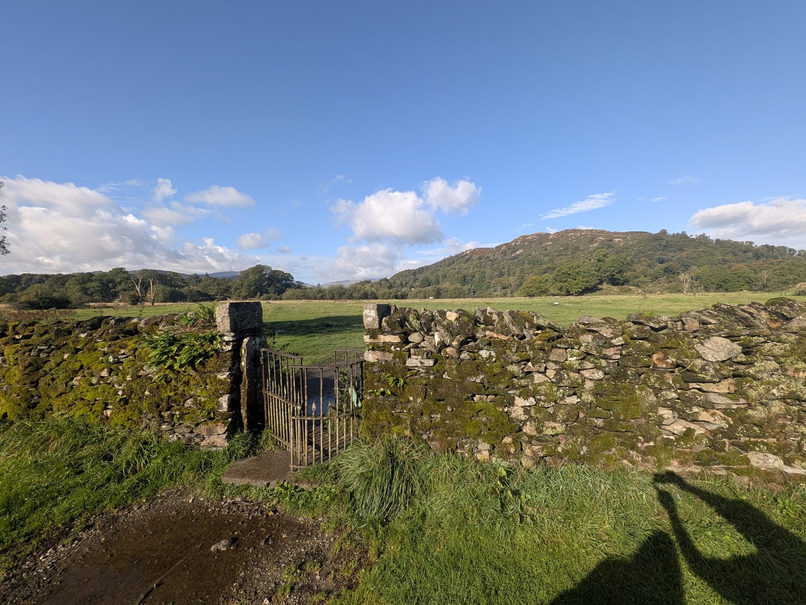 An iron gate in a mossy dry-stone wall between Borrans Park and the fort field