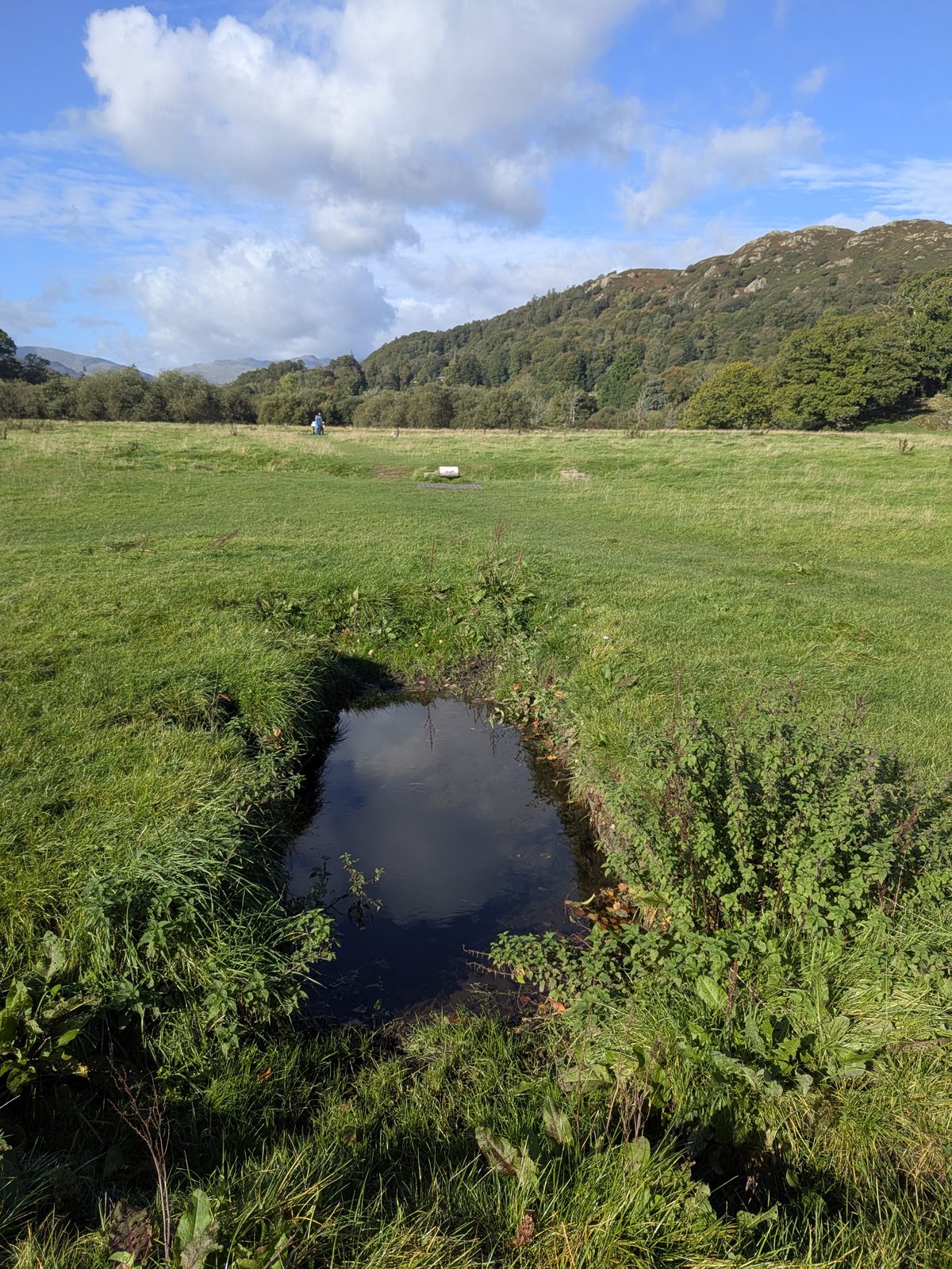A water-filled hollow in the grass at Ambleside Roman Fort