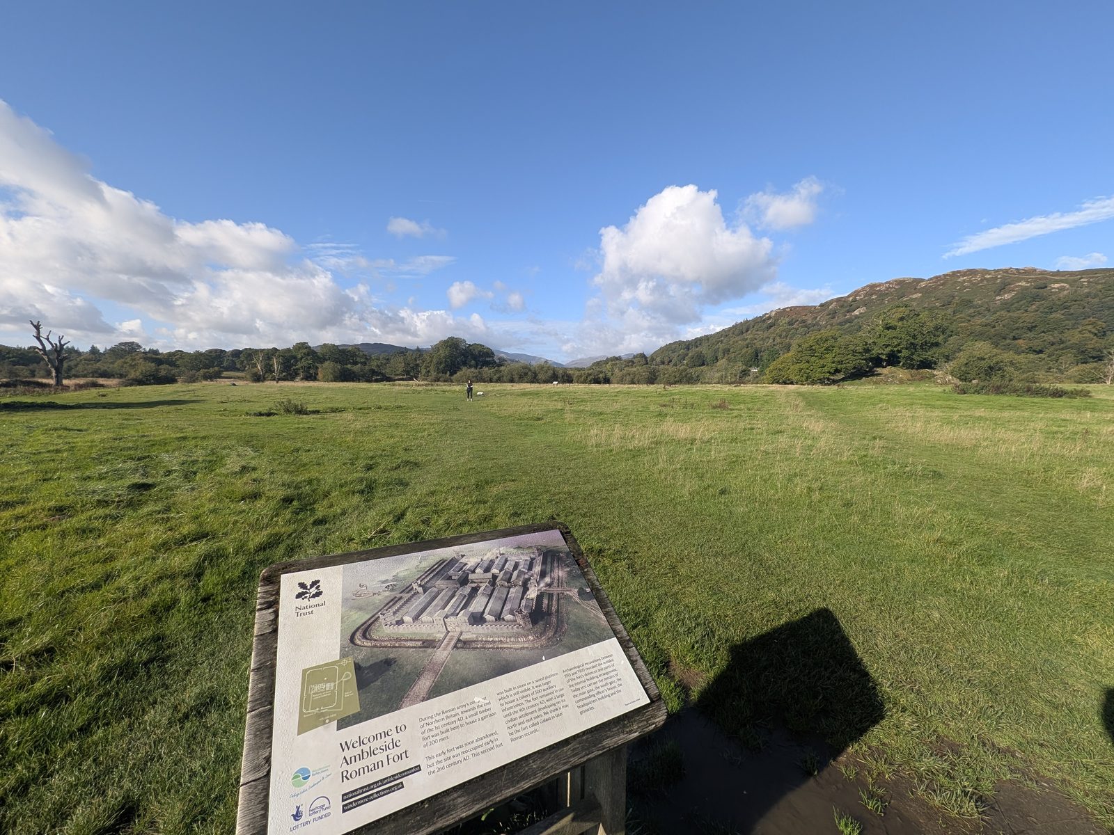 The National Trust welcome board at Ambleside Roman Fort, looking across the field
