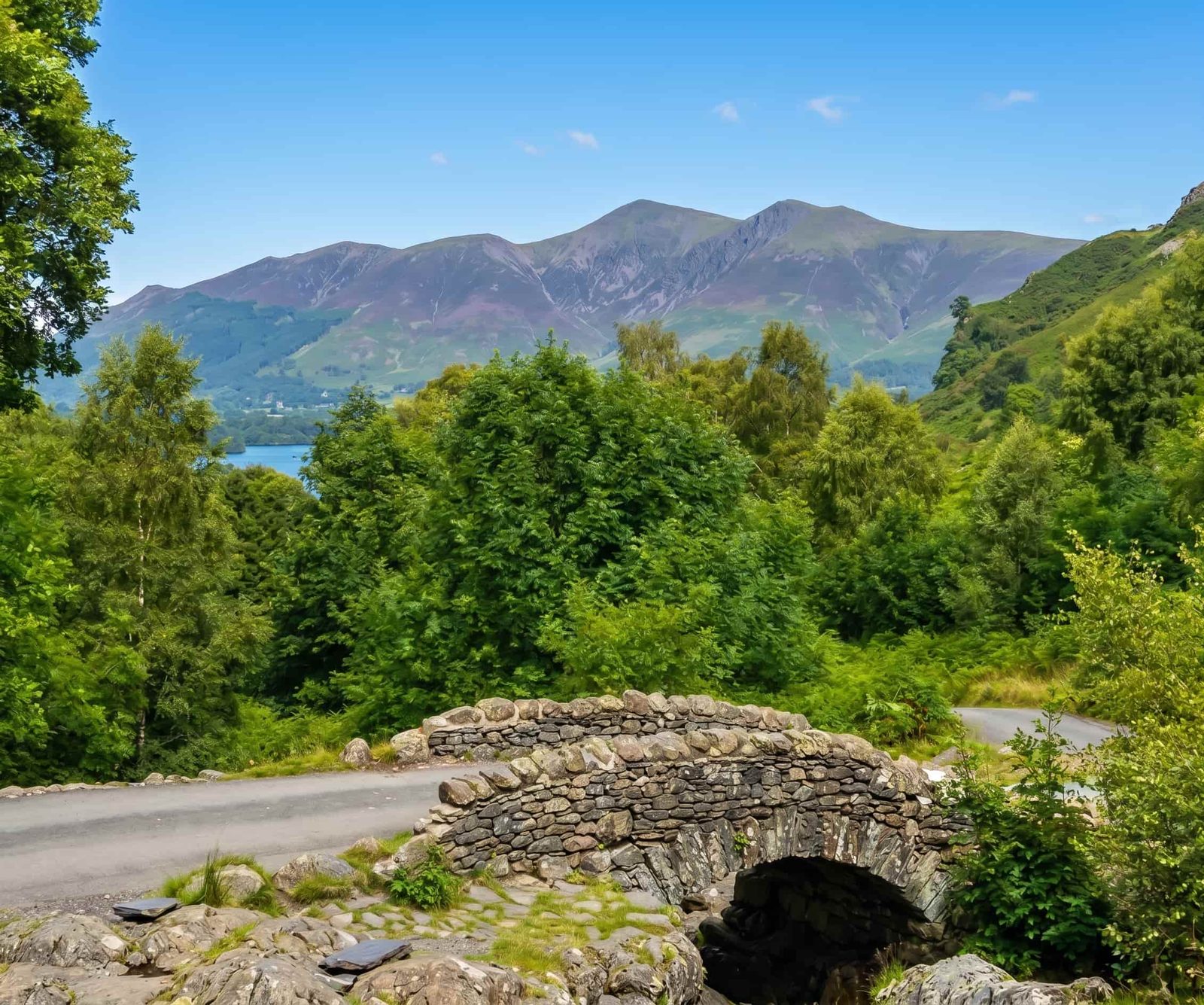 Ashness Bridge packhorse bridge above Derwentwater in Borrowdale, Lake District