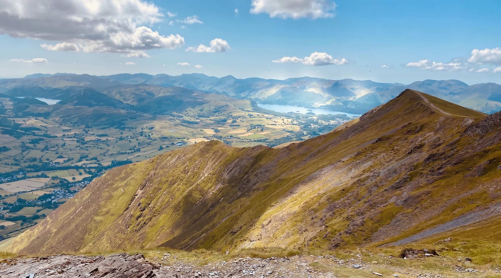 Looking down one of Blencathra's steep parallel ridges to Threlkeld and the valley, Lake District