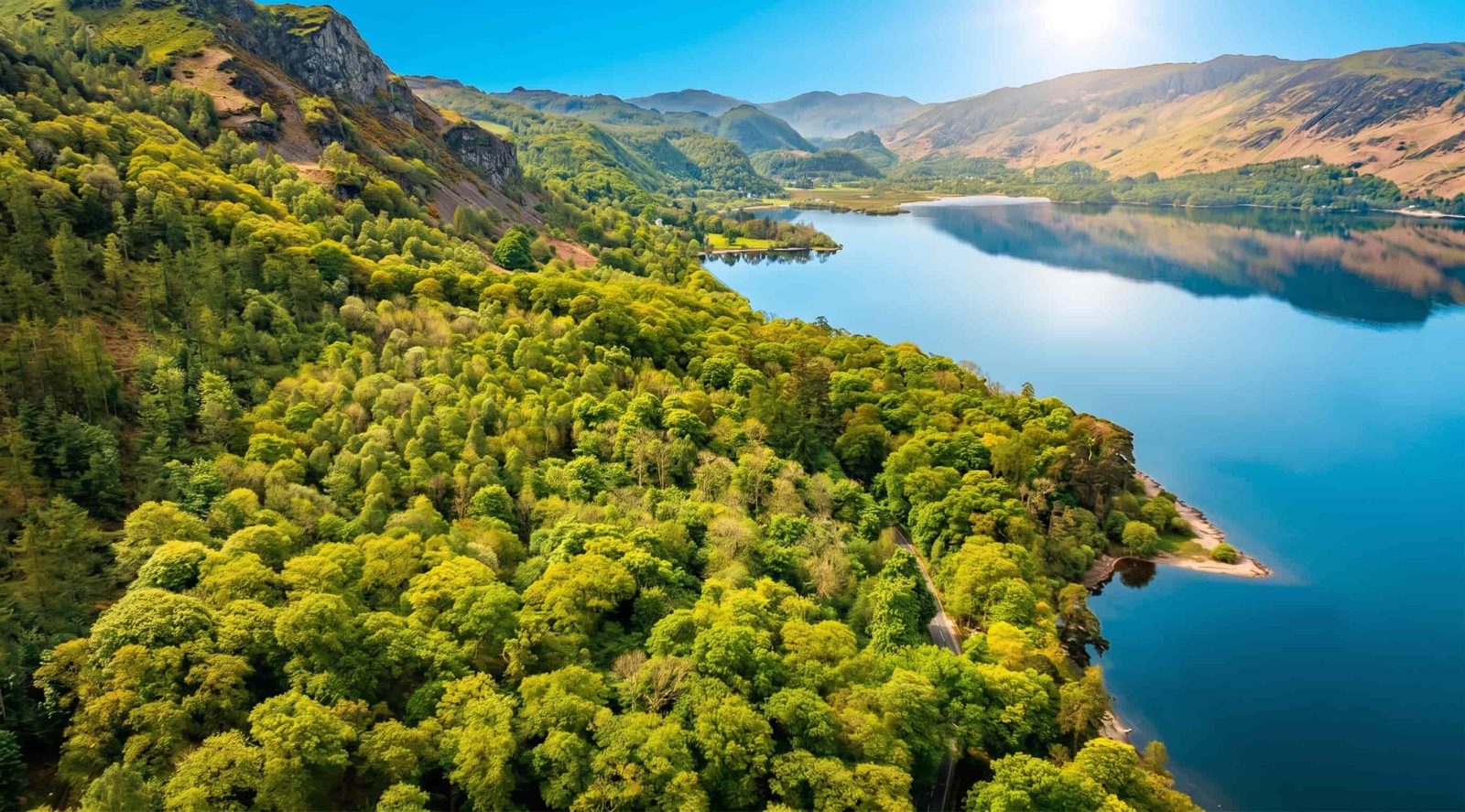 The wooded slopes of Borrowdale above the lake, looking down the valley, Lake District