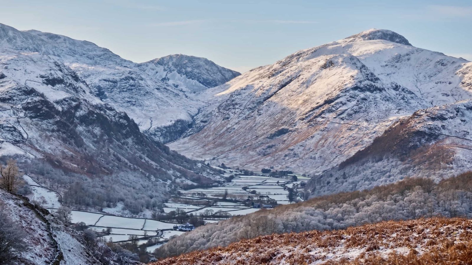 The Borrowdale valley under winter snow, Lake District