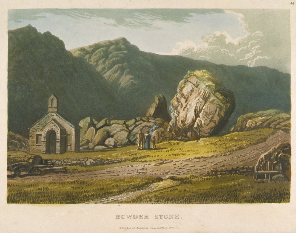 An 1818 coloured aquatint of the Bowder Stone and the old Bowder Stone House, Borrowdale, Lake District