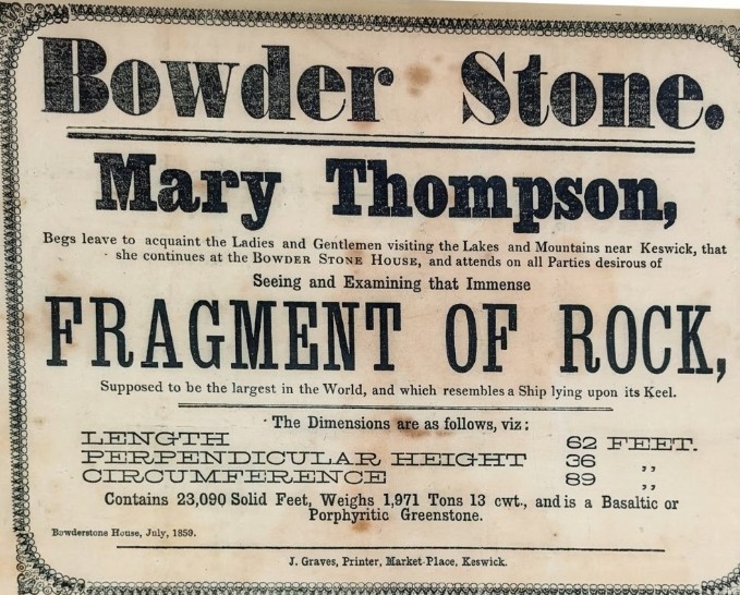 An 1859 handbill advertising the Bowder Stone, printed in Keswick, Lake District
