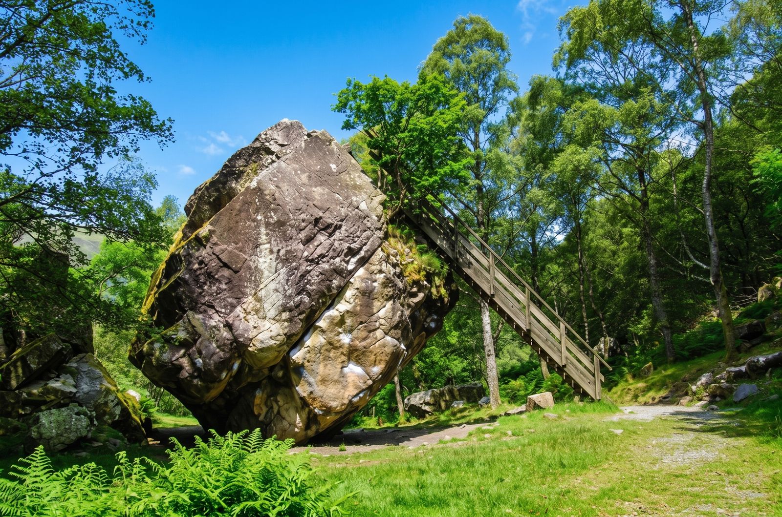 The Bowder Stone balanced boulder with its ladder in Borrowdale, Lake District