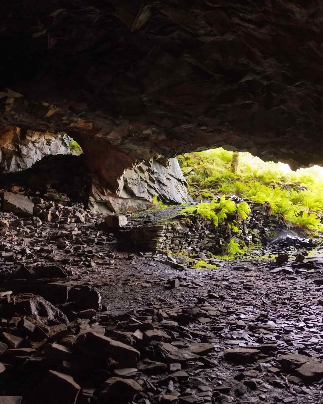 A quarried cave on the flank of Castle Crag, of the kind Millican Dalton camped in, Borrowdale, Lake District