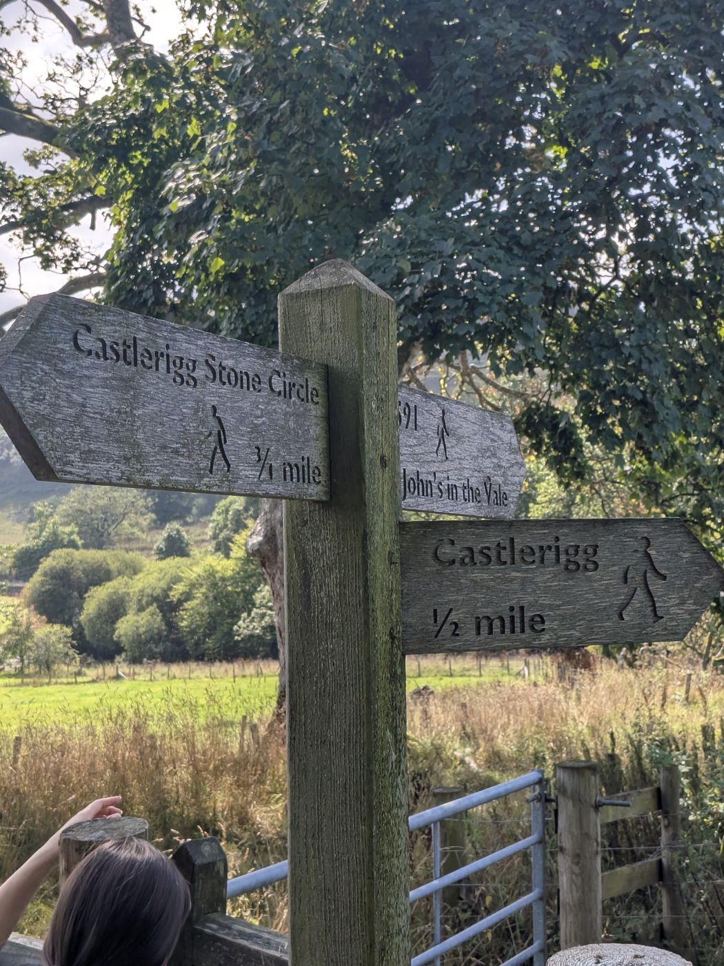 Wooden fingerpost pointing to Castlerigg Stone Circle, Castlerigg and St John's in the Vale