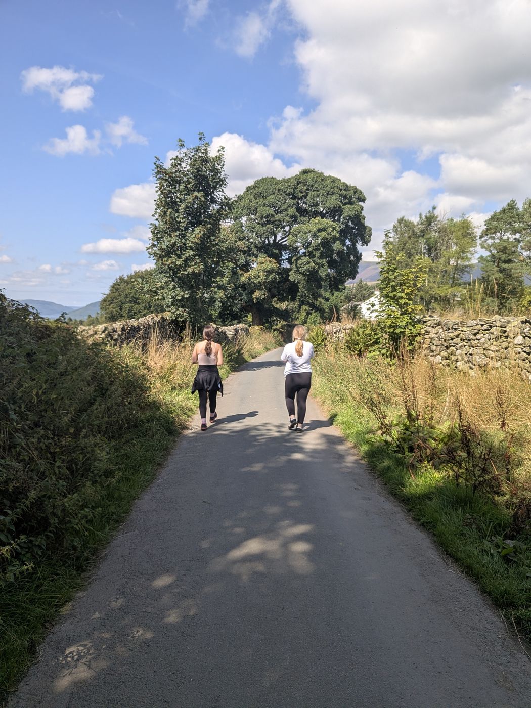 Walkers on the walled lane past Castlerigg Hall
