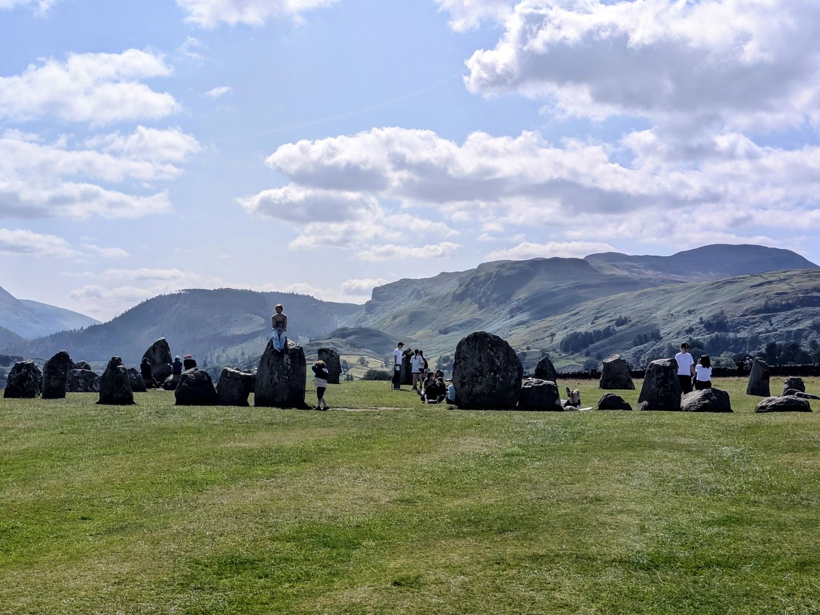 Standing stones of Castlerigg Stone Circle with the fells of St John's in the Vale behind, near Keswick