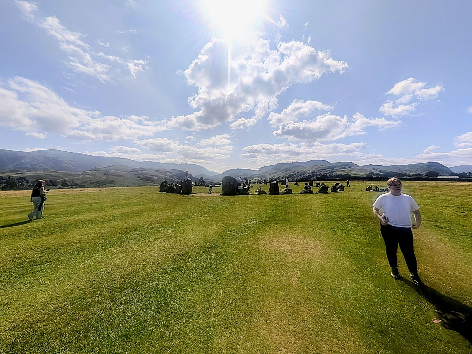 Wide view of Castlerigg Stone Circle under a summer sky