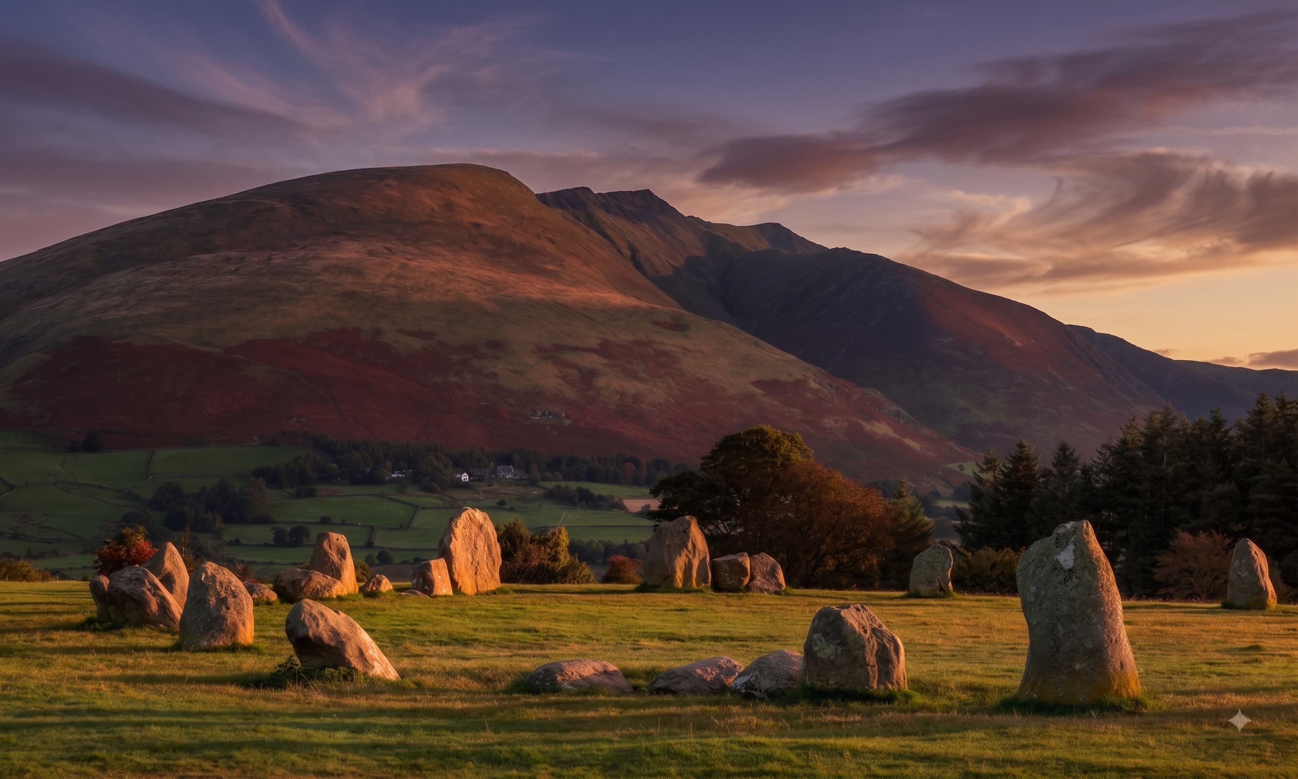 Castlerigg Stone Circle in low golden light with the fells rising behind, near Keswick, Lake District