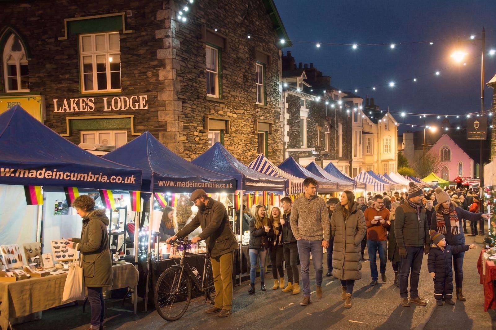 A night-time Christmas street market in a Lake District town, blue Made in Cumbria gazebos lit up along a slate-built street under strings of festoon lights, crowds browsing the stalls