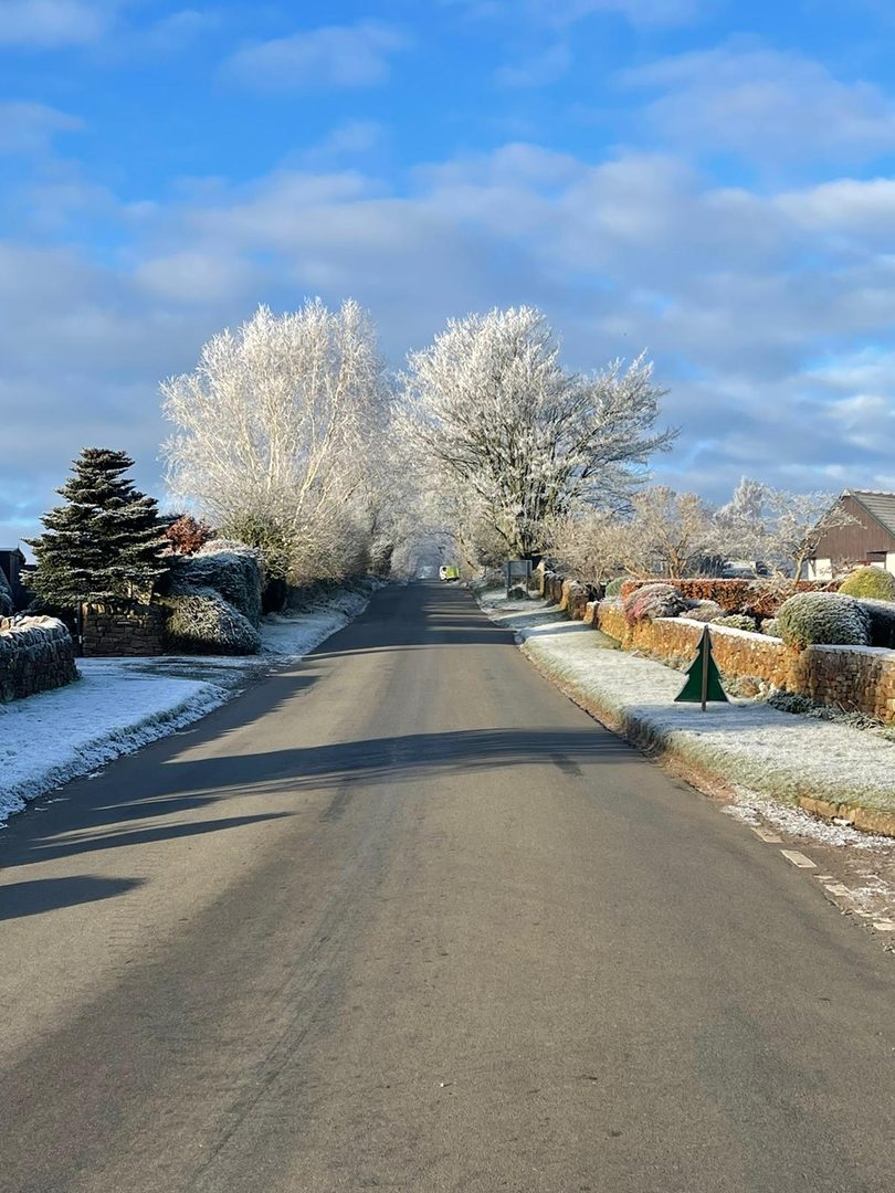 Frosted trees and hedges along the lane through Lazonby village under a blue winter sky, snow on the verges and the road dry down the middle