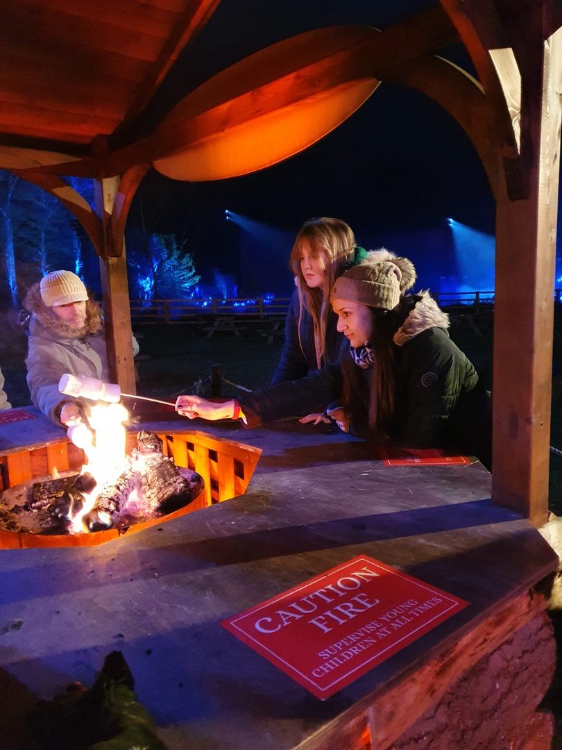 Children in woolly hats toasting marshmallows over a fire pit under a wooden shelter at night, with the beams of a light trail in the trees behind