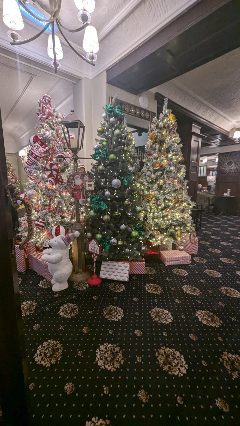 The lobby of the George Hotel in Penrith decorated for Christmas, with two lit Christmas trees, wrapped presents and a white polar bear figure on a patterned red carpet