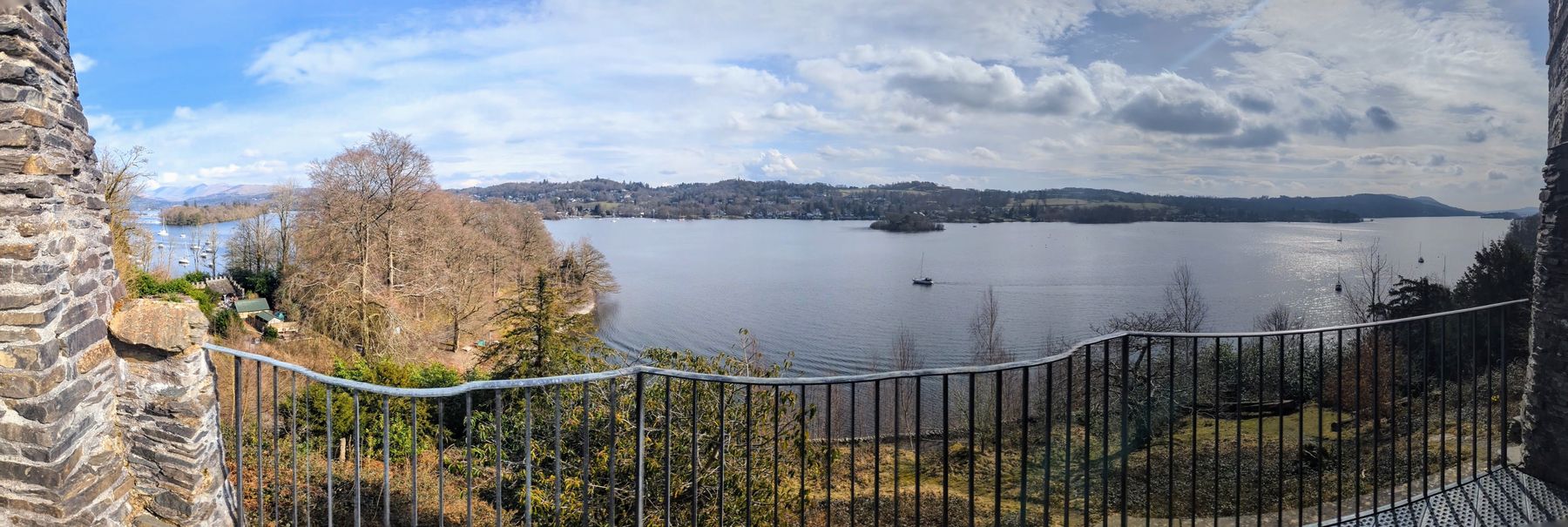 The panorama over Windermere and Belle Isle from the railing at Claife Viewing Station, above the lake's western shore, Lake District