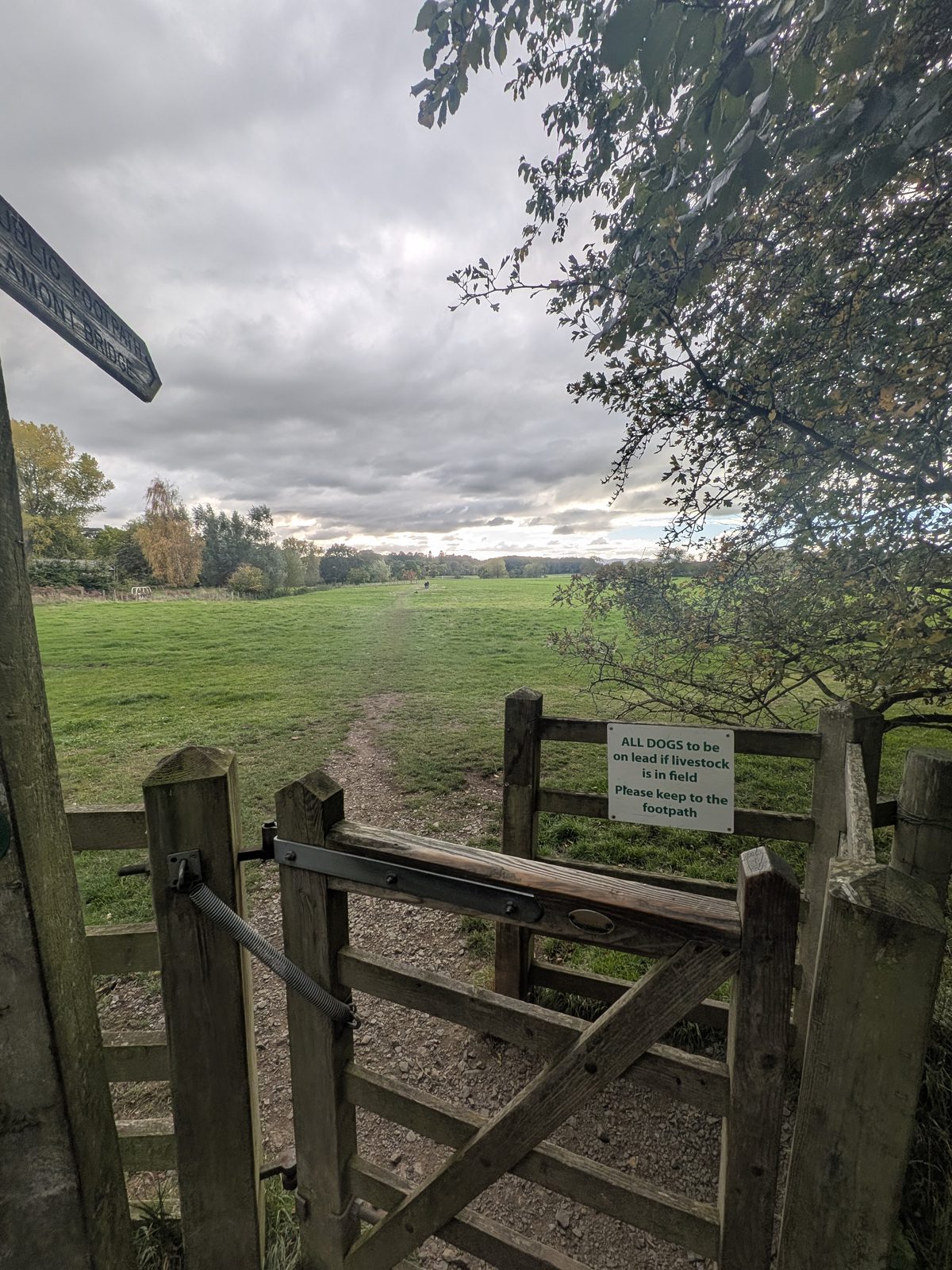 A wooden gate into the riverside field, with a sign about keeping dogs on leads and open fields beyond