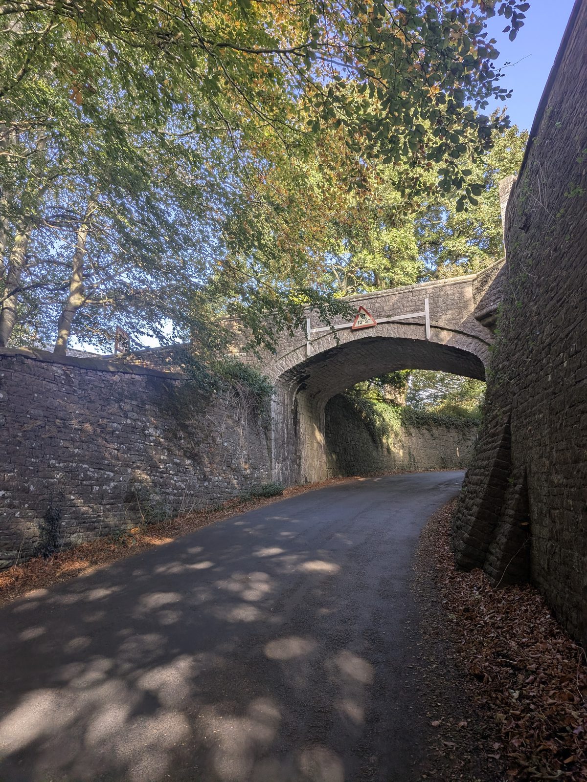 The lane running under a stone bridge arch beside the high walls of Brougham Hall
