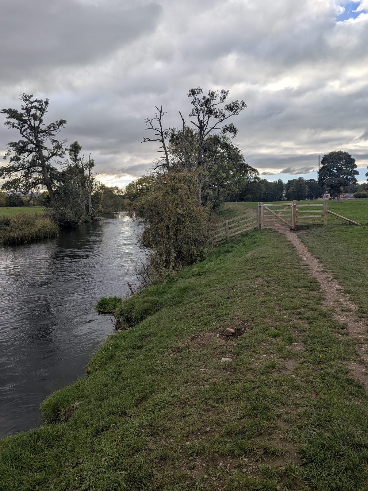A worn path along the grassy riverbank beside the river, heading towards a gate