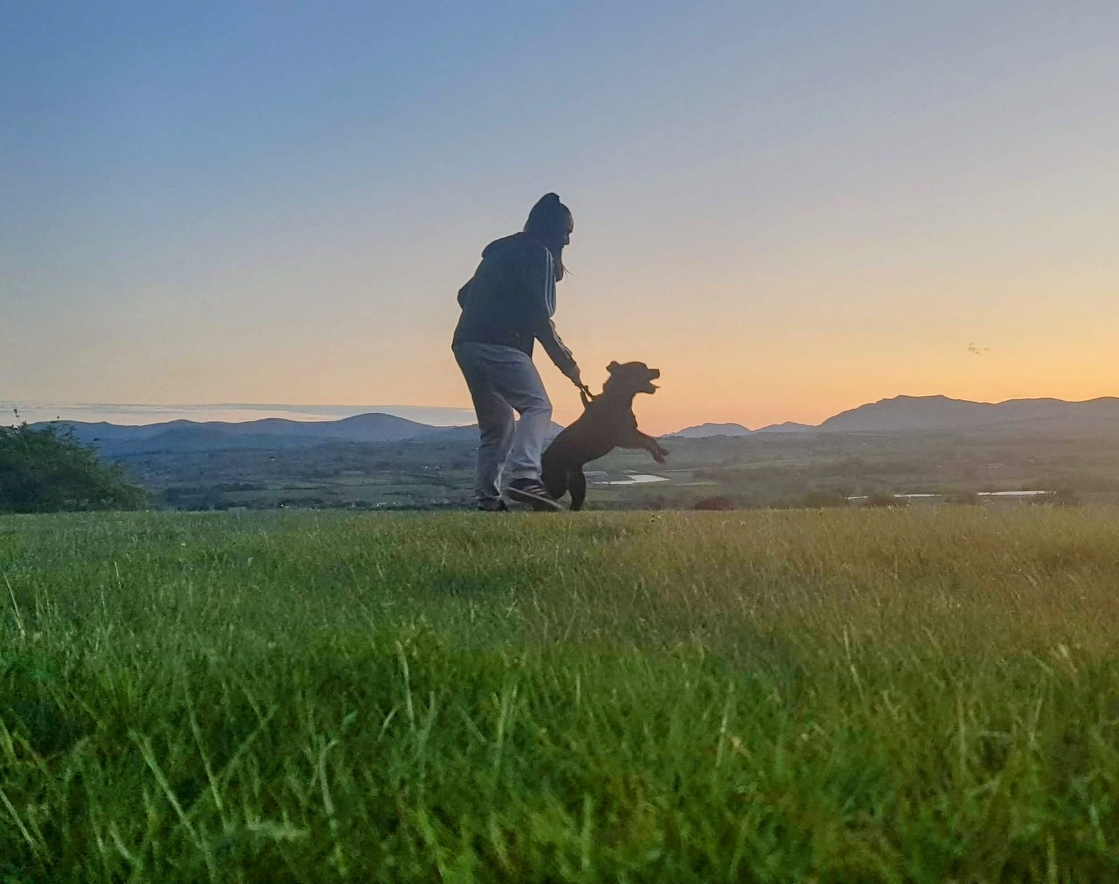 Silhouettes of a walker and Cass the Staffordshire Bull Terrier against the sunset Lakeland skyline on the evening circular above Penrith