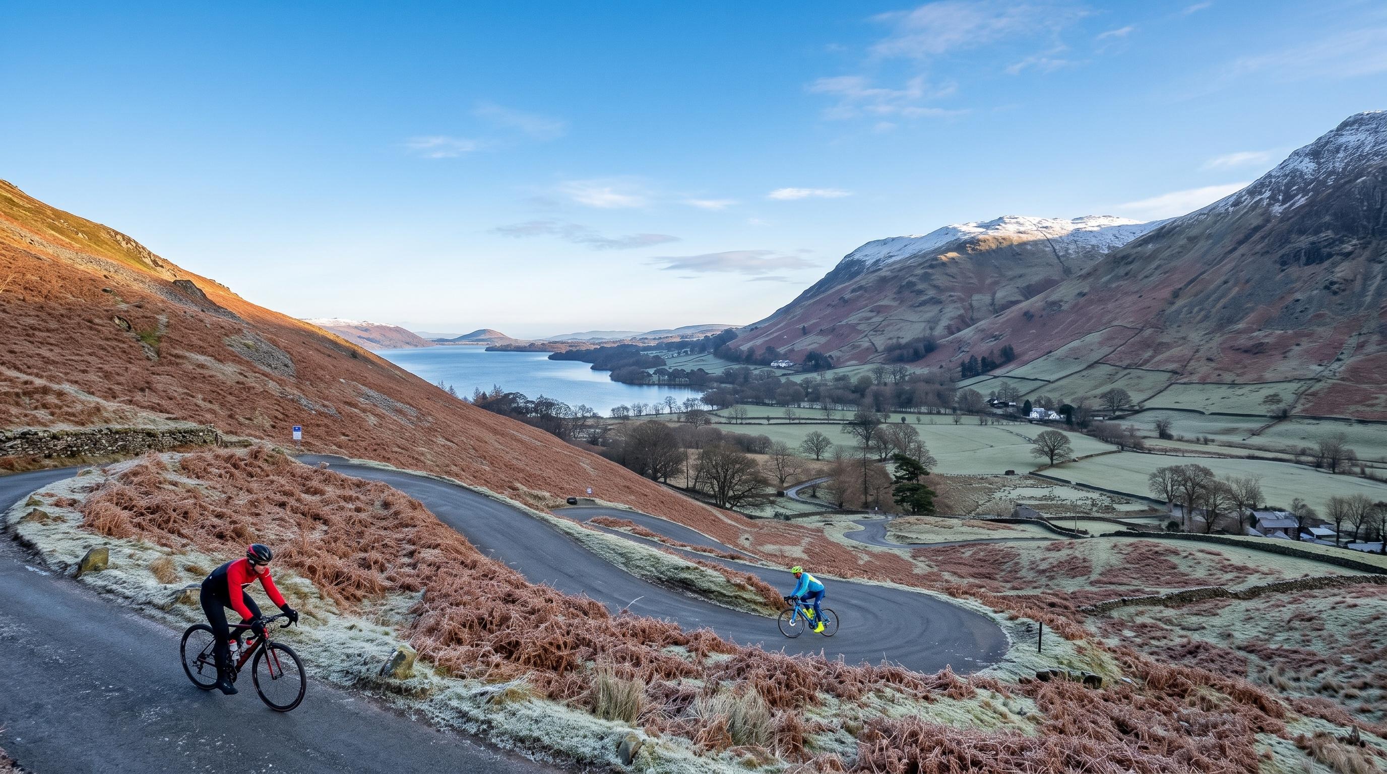 A lone cyclist climbing a frosty switchback road above Ullswater, with snow on the high fells