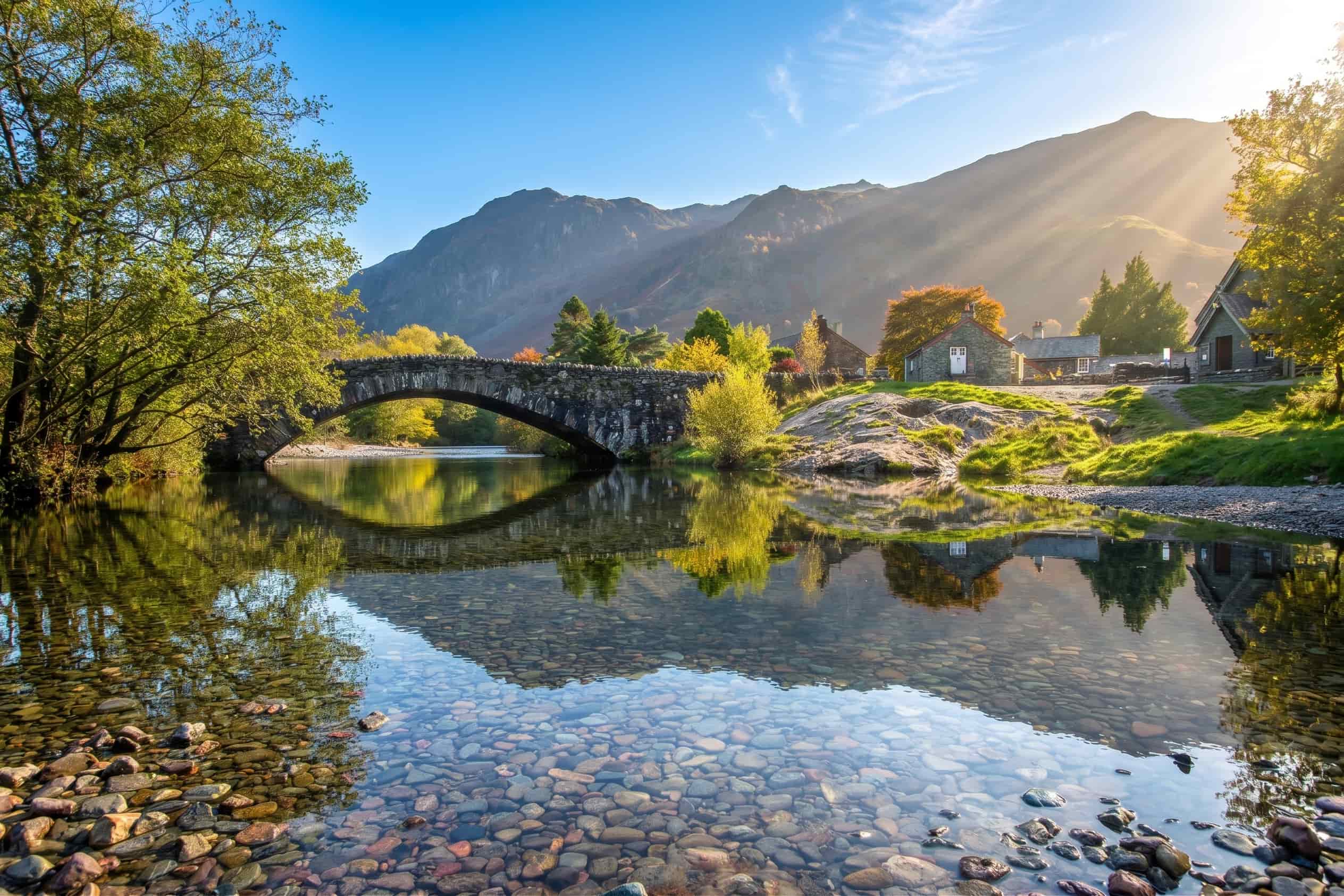 The double-arched Grange Bridge over the River Derwent at Grange in Borrowdale, Lake District