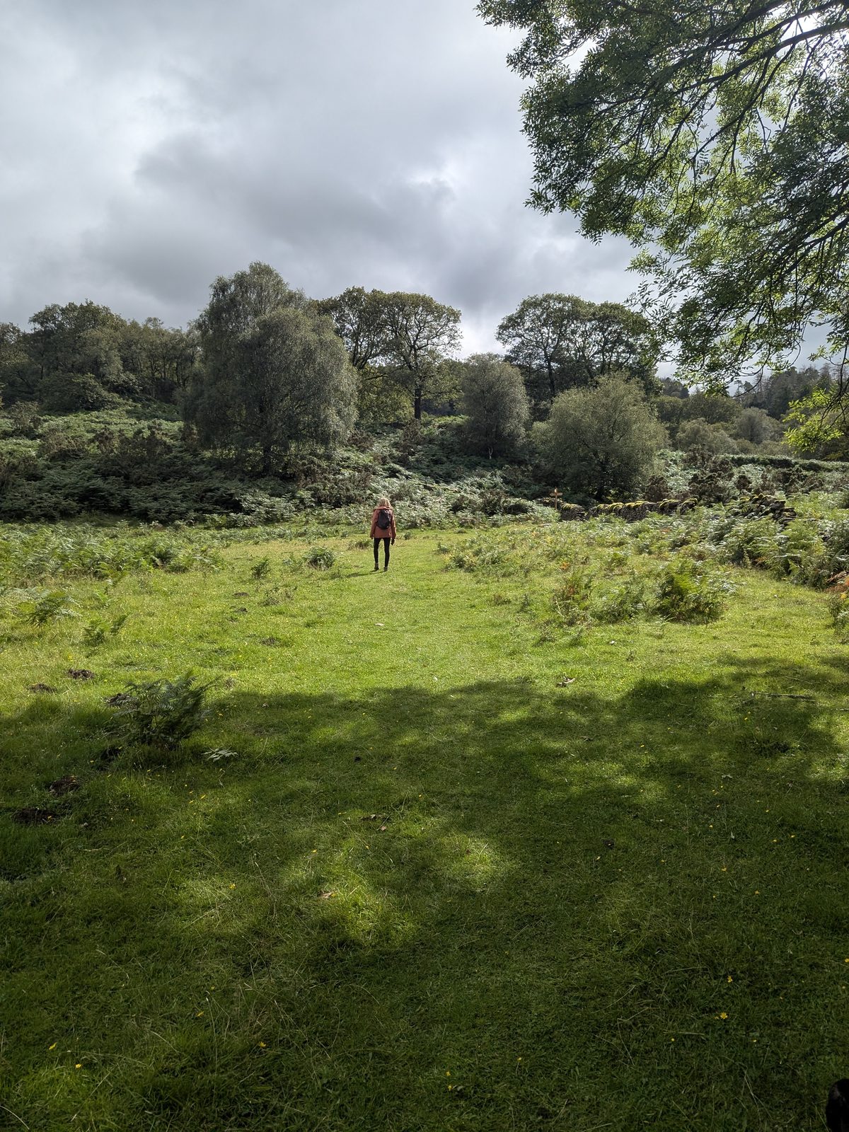 The faint grass path leading up towards the main track to Stanley Ghyll, Eskdale