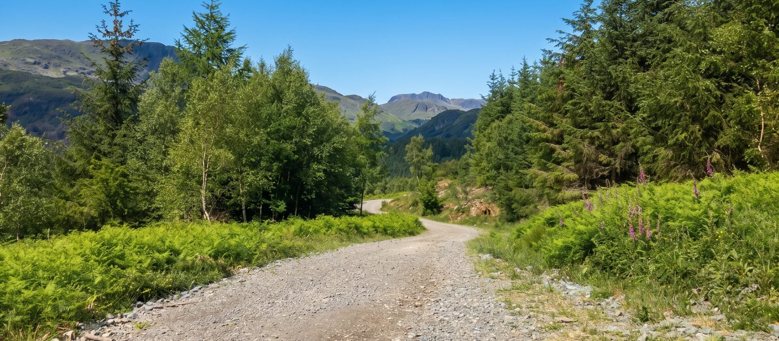 A gravel forest track through the conifers at Grizedale Forest, near Hawkshead, Lake District