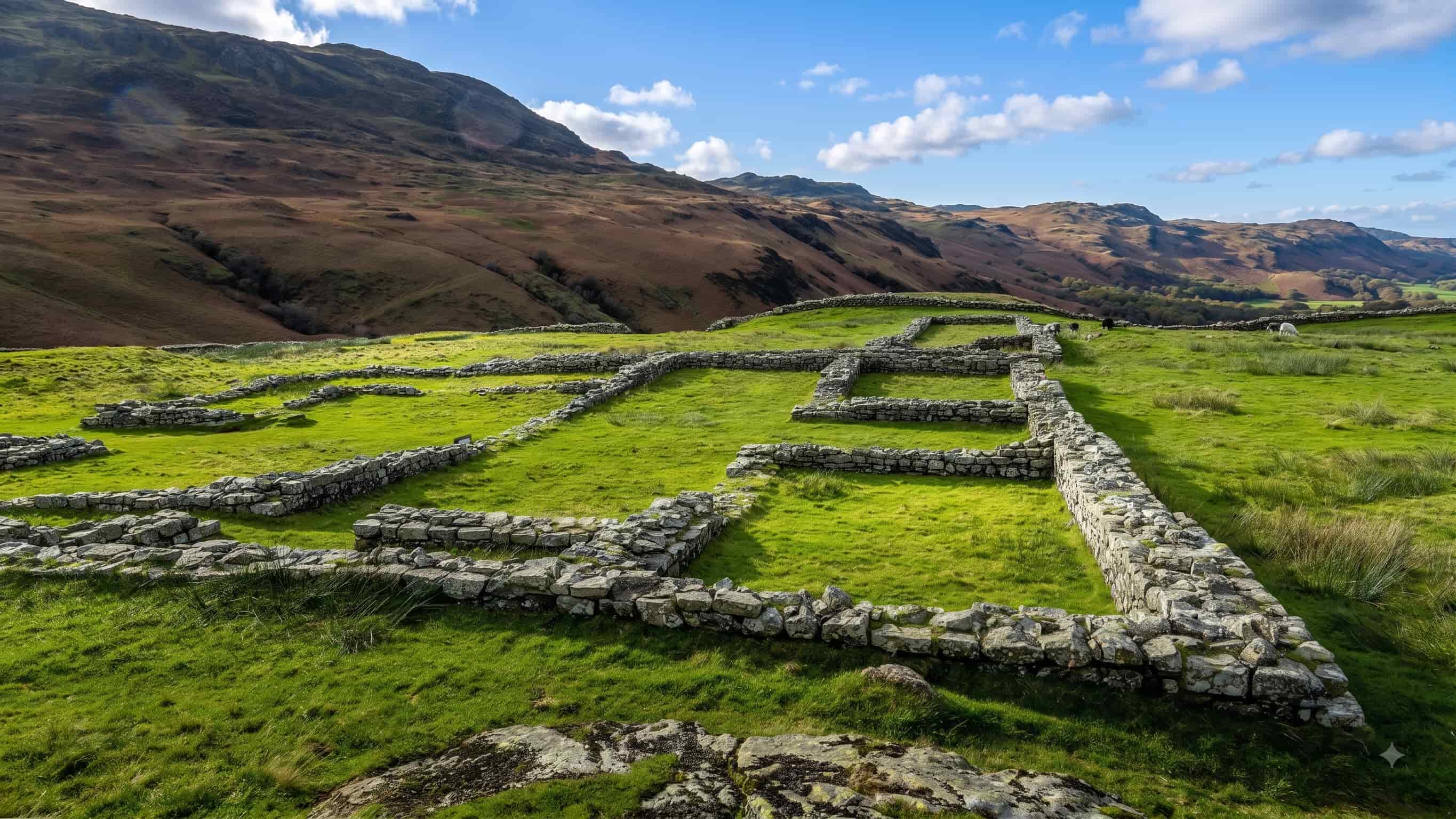 The stone wall footings of Hardknott Roman Fort on their green shelf, with the Eskdale fellsides beyond