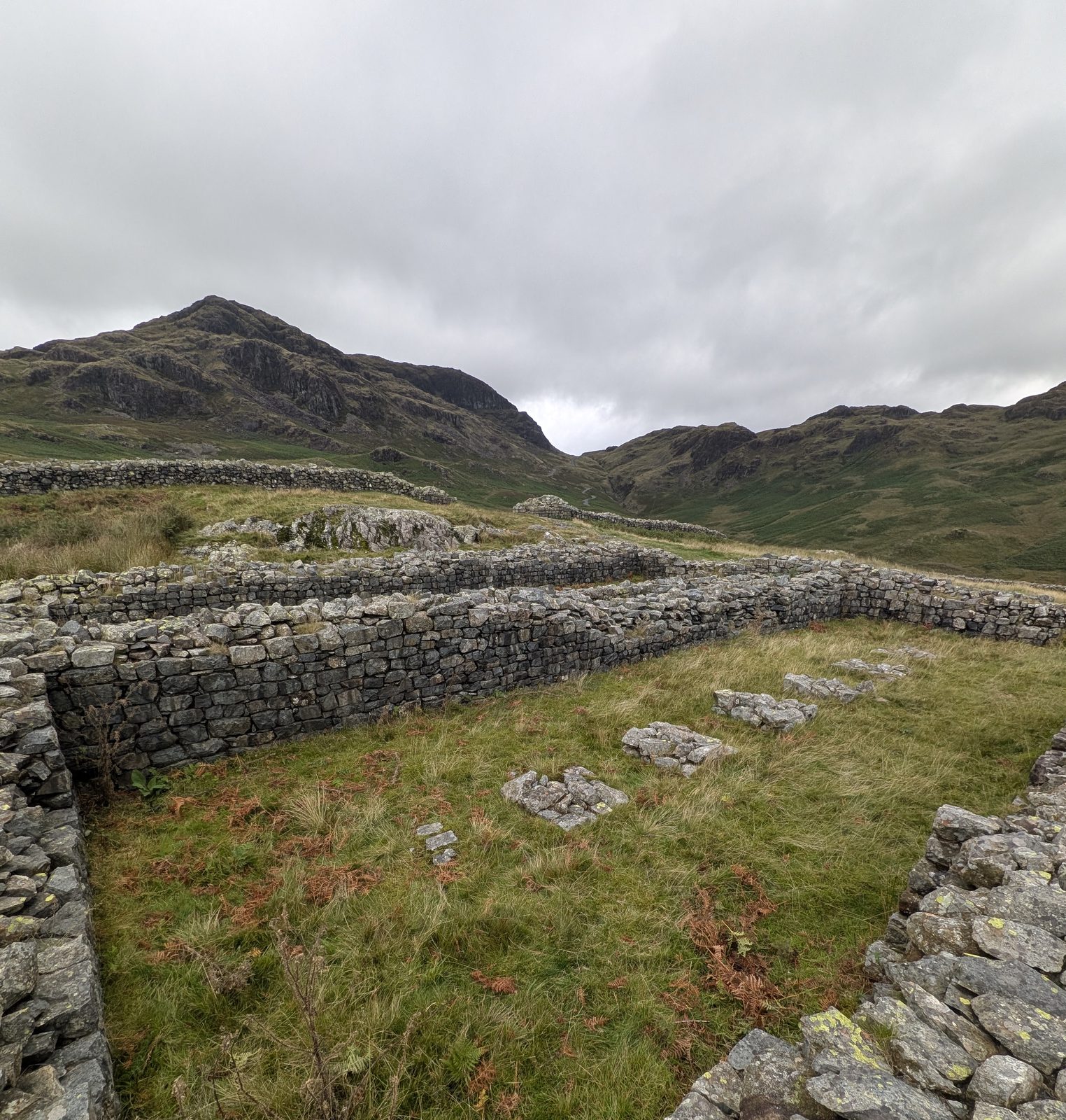 Inside the walls of Hardknott Roman Fort, rows of stone footings on the grass floor of a building with the fells behind