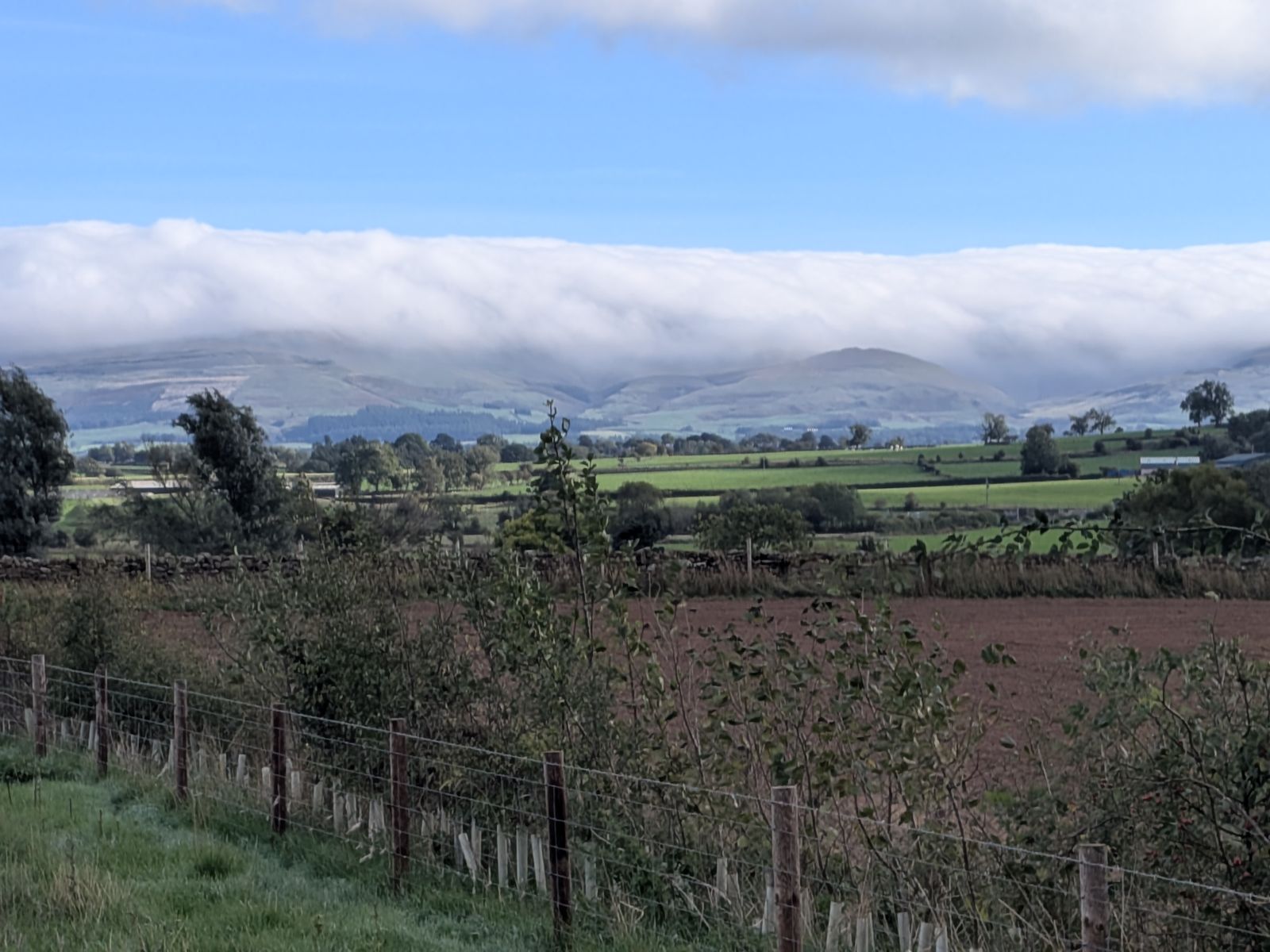 A closer view of the cloud cap lying along the ridge above fields and hedges