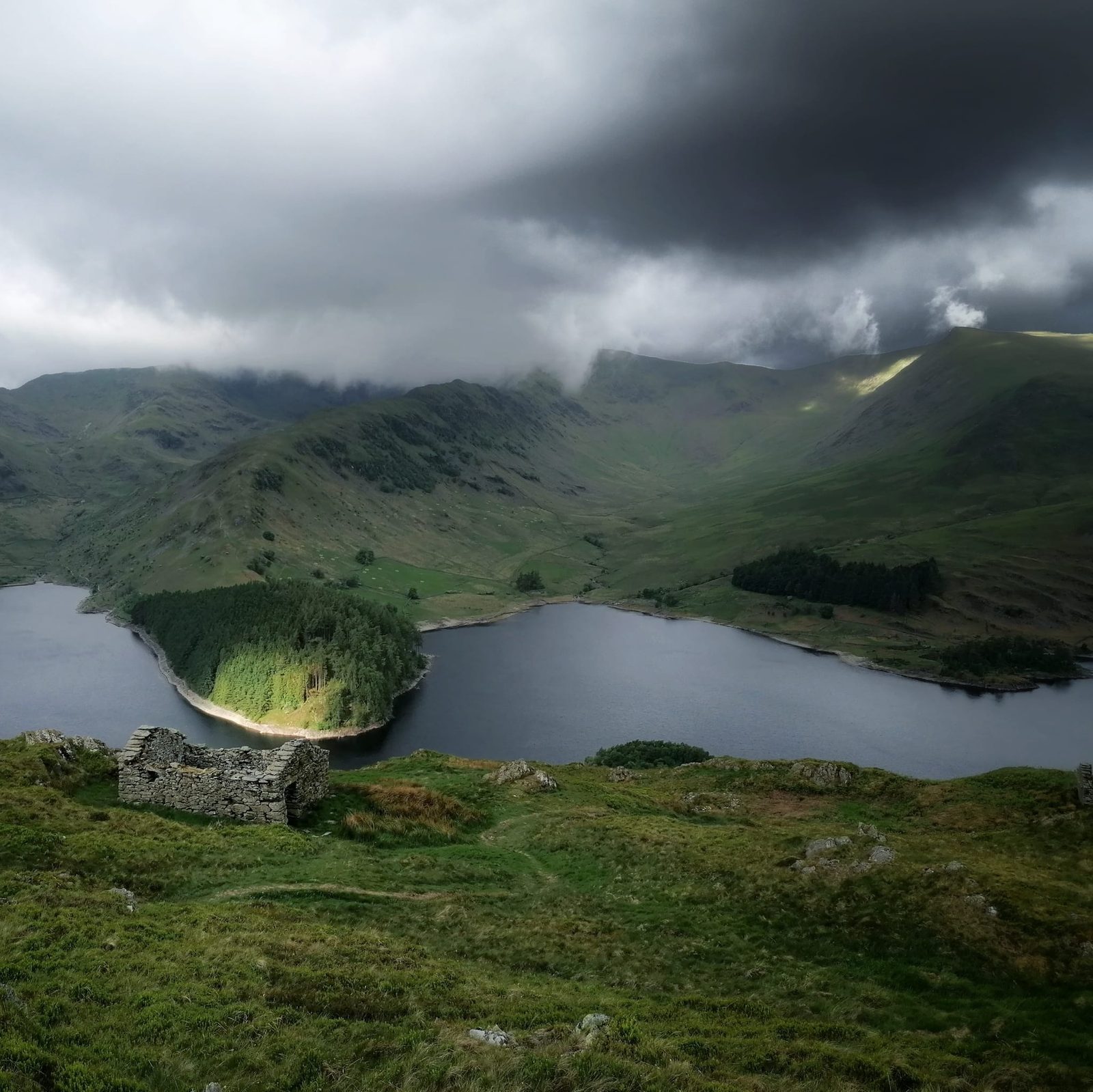 A roofless stone ruin on the green fellside above Haweswater, looking down on the reservoir and a wooded promontory, with sunlit fells and storm cloud beyond