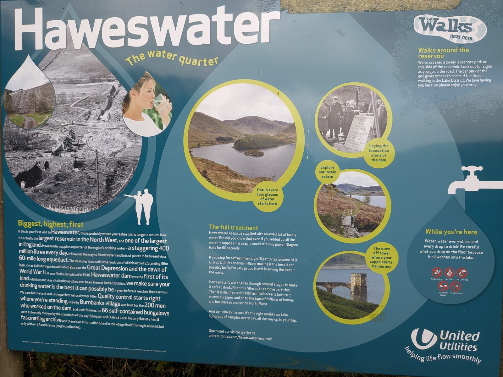United Utilities' blue interpretation board at the Haweswater dam viewpoint, headed 'Haweswater — the water quarter', with old photographs of the dam under construction, a view of the reservoir, a 'Walks near here' panel and a row of no-camping, no-fires, no-littering, no-motor-boats and no-swimming symbols