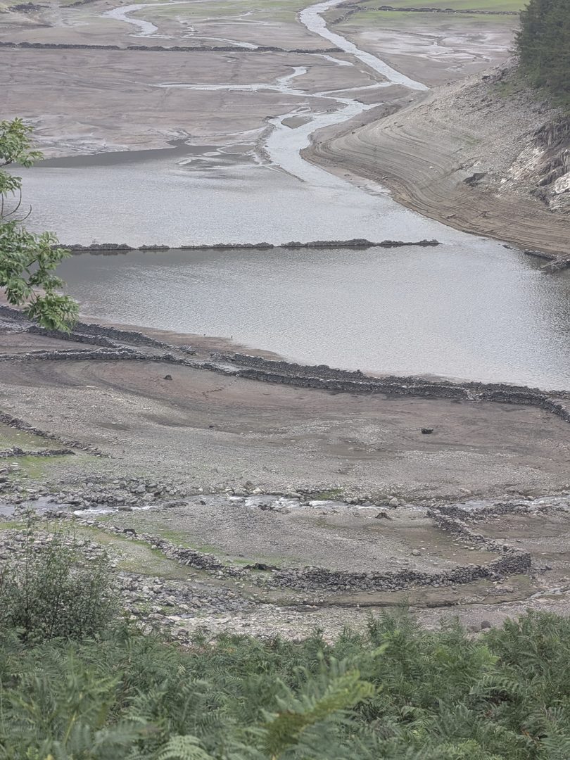 Looking down from above onto the exposed bed of Haweswater, with drystone field walls running across grey silt, a channel of water winding between them and a shallow pool beyond