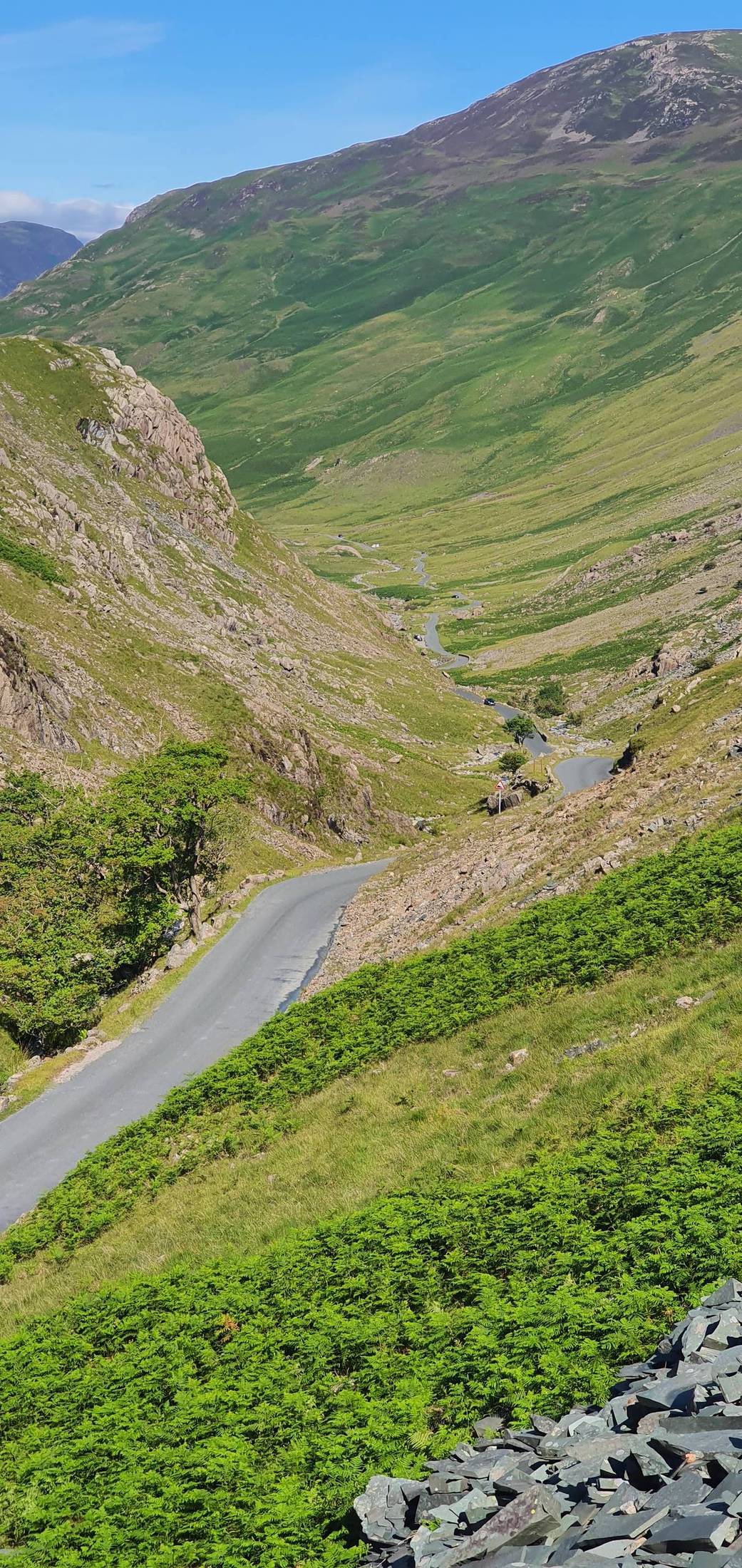 The Honister Pass road descending steeply towards Buttermere, Lake District