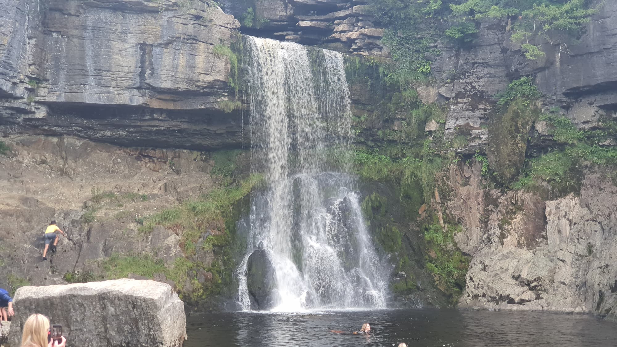 Thornton Force on the Ingleton Waterfalls Trail, a wide curtain of water in a wooded gorge near Ingleton, Yorkshire Dales