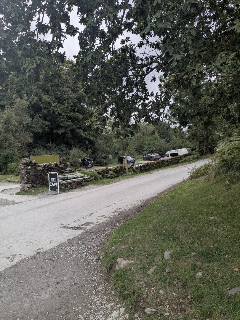 Joey's Lake District Café A-board beside the dry-stone wall and lane at the Tarn Hows car park, with parked cars beyond