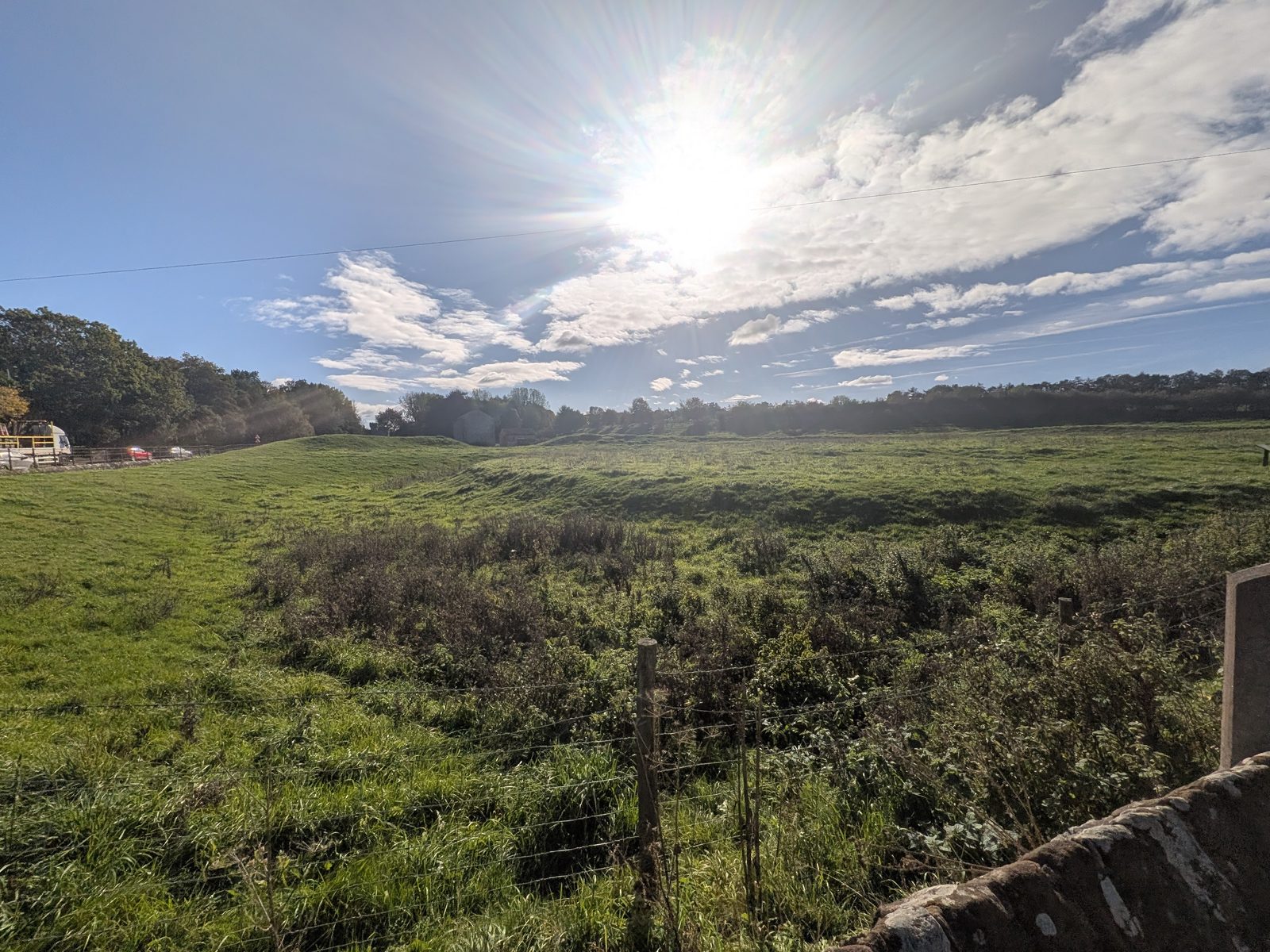 Rough grassland by King Arthur's Round Table at Eamont Bridge, with the sun low in the sky