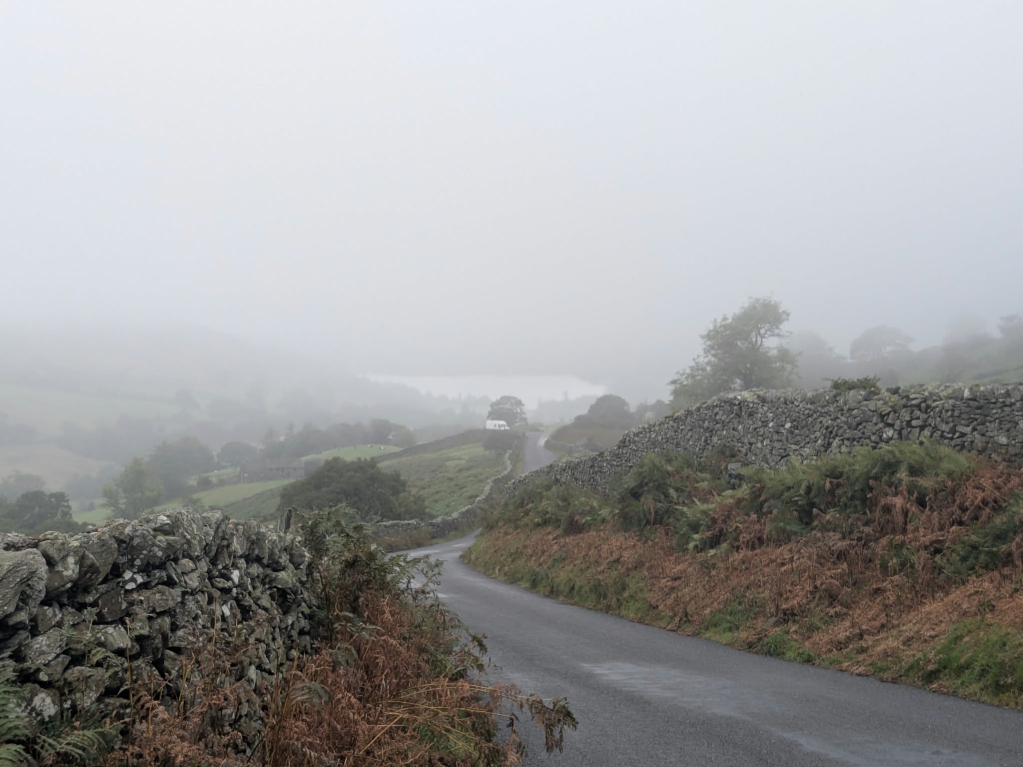 The road winding down from Kirkstone Pass on the Windermere side past a drystone wall and bracken, in mist