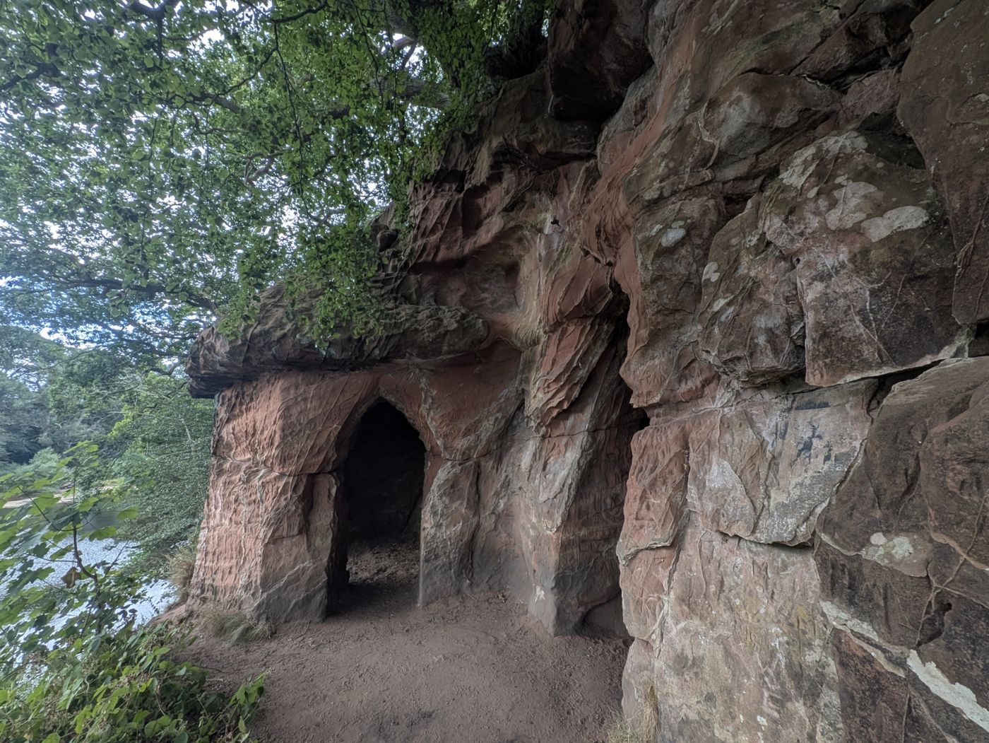 A carved pointed arch inside Lacy's Caves, River Eden near Kirkoswald