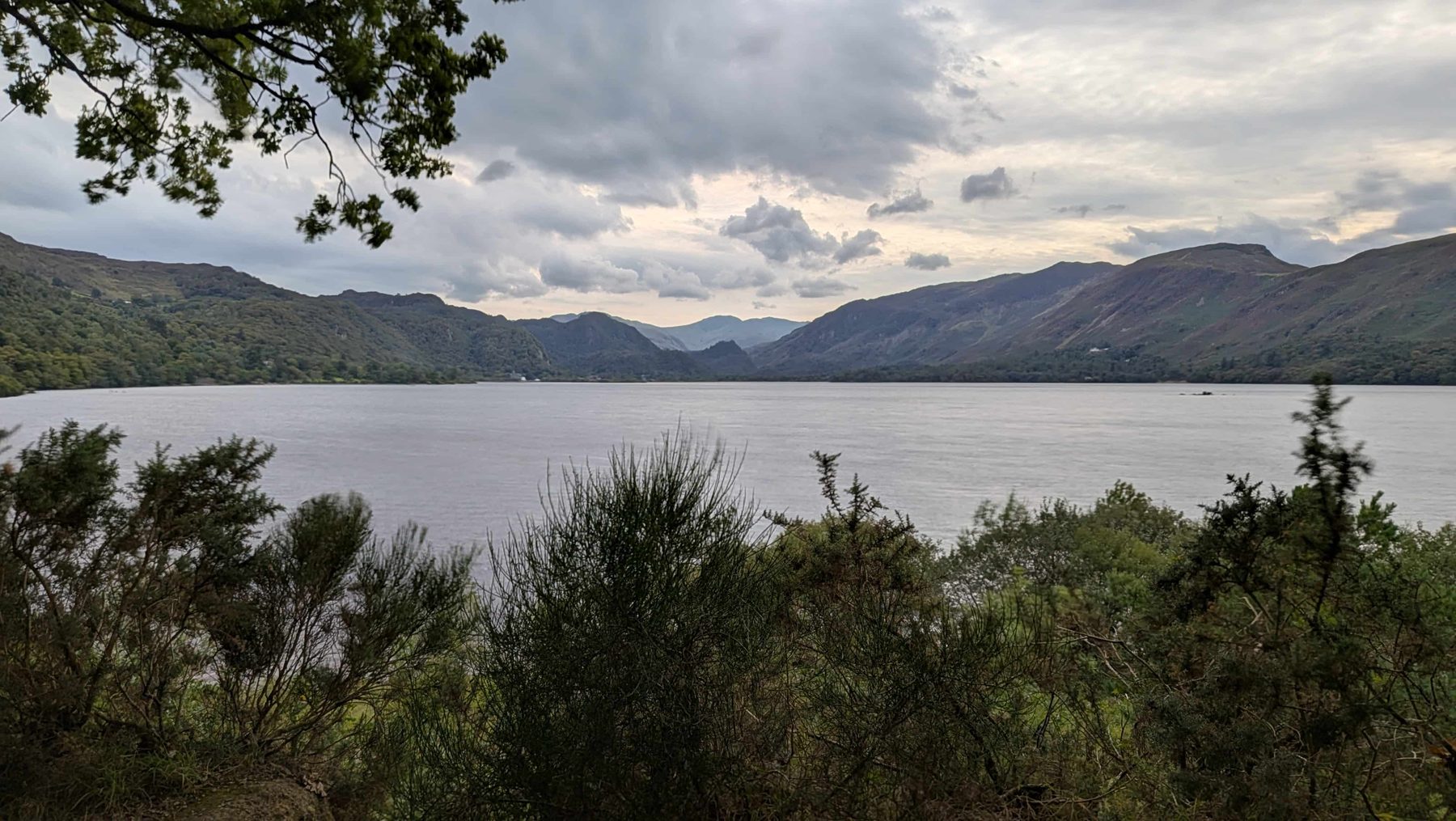 Derwentwater under a cloudy sky, looking south towards Borrowdale