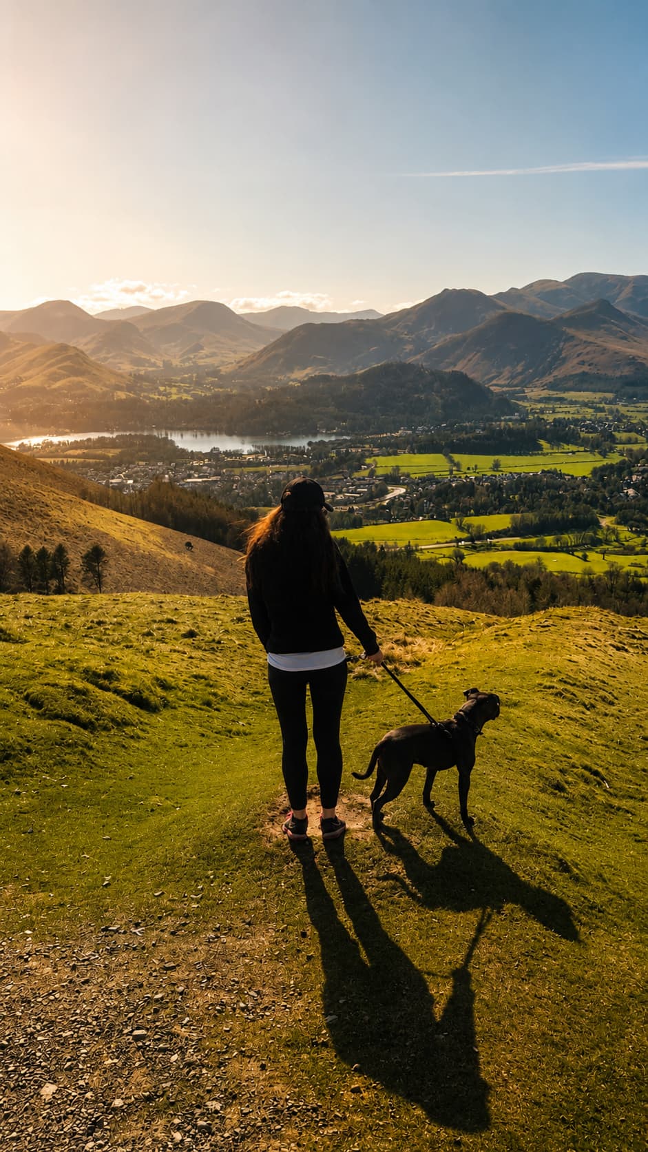 My other half and Cass the Staffordshire Bull Terrier taking in the golden-hour view over Keswick from Latrigg, Lake District