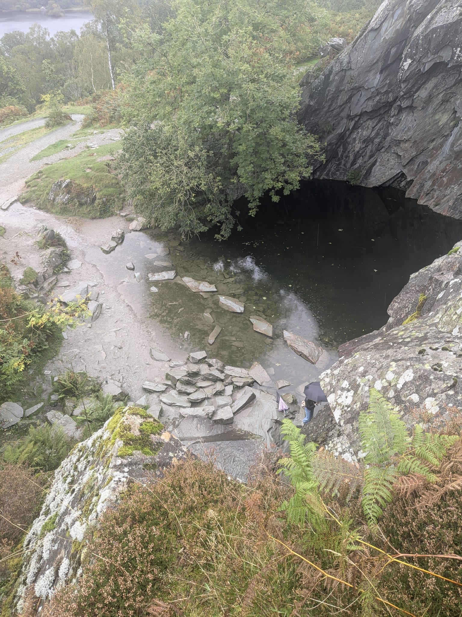 Looking back down on Rydal Cave from the path above