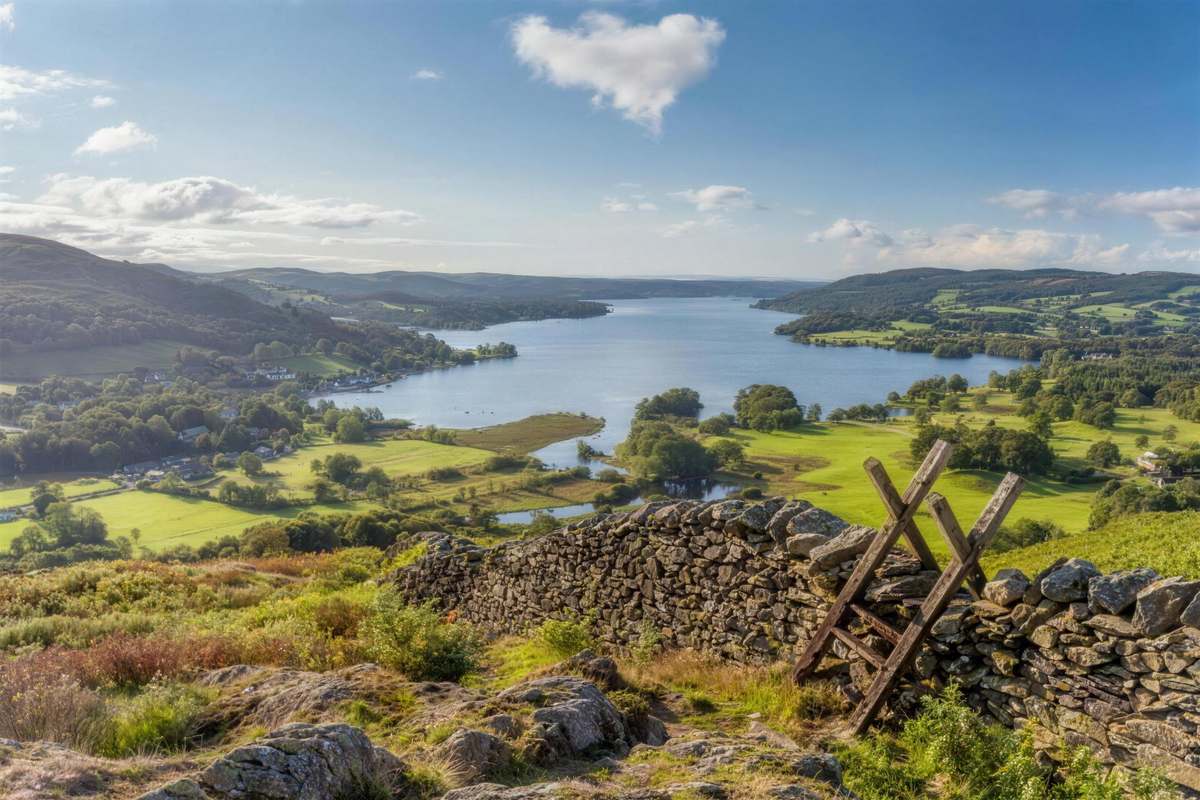The summit view from Loughrigg Fell over Windermere and Grasmere, Ambleside, Lake District