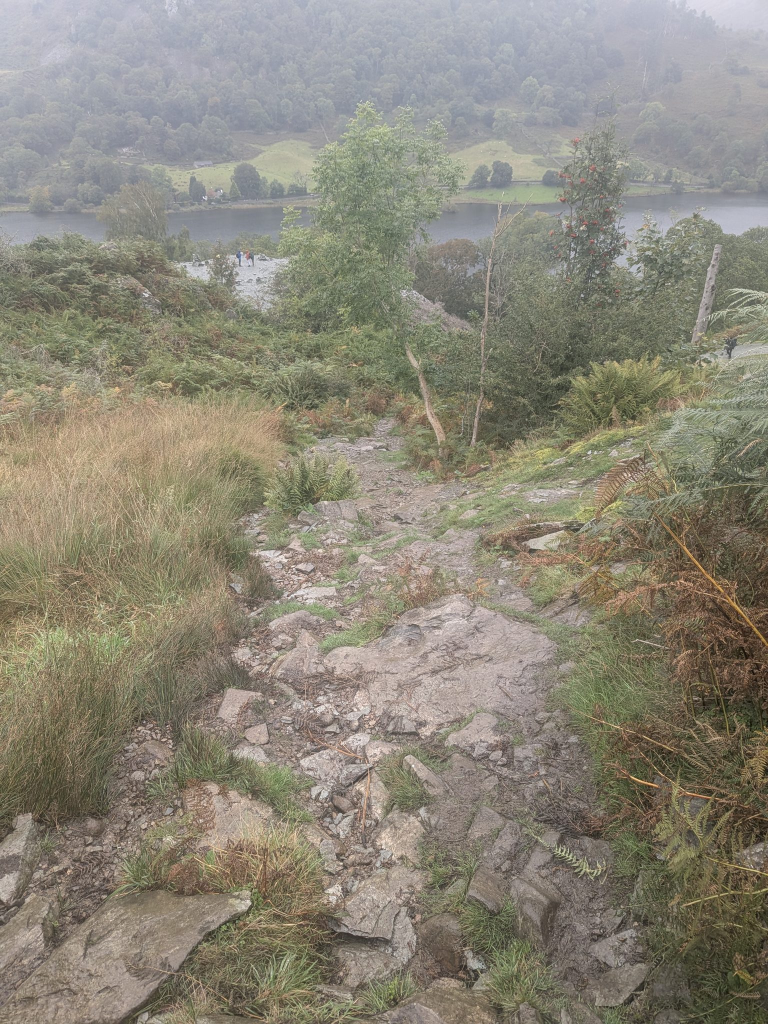 The path climbing away from Rydal Cave with Rydal Water below