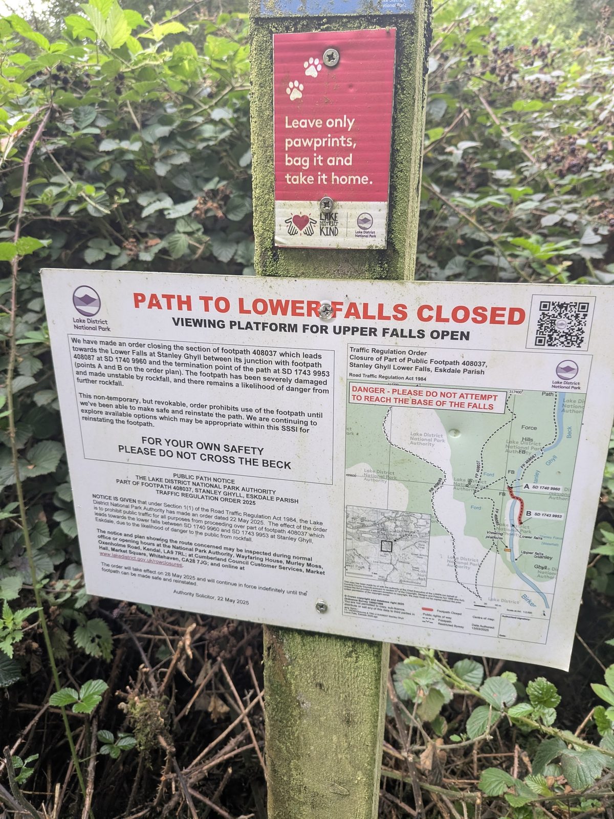 Lake District National Park Authority notice on the lower falls path at Stanley Ghyll: path to lower falls closed, viewing platform for upper falls open