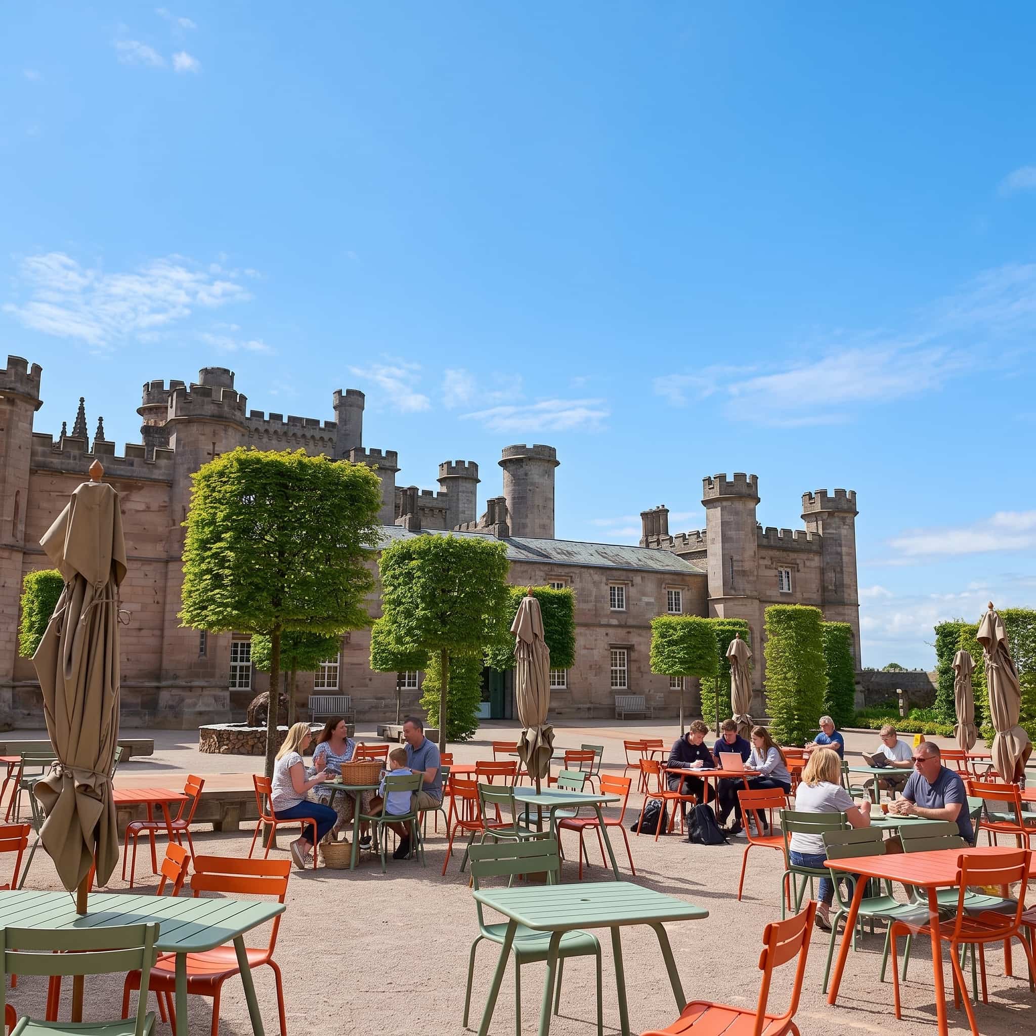 Outdoor tables and chairs in the courtyard at Lowther Castle, with the intact castellated service range and clipped trees behind