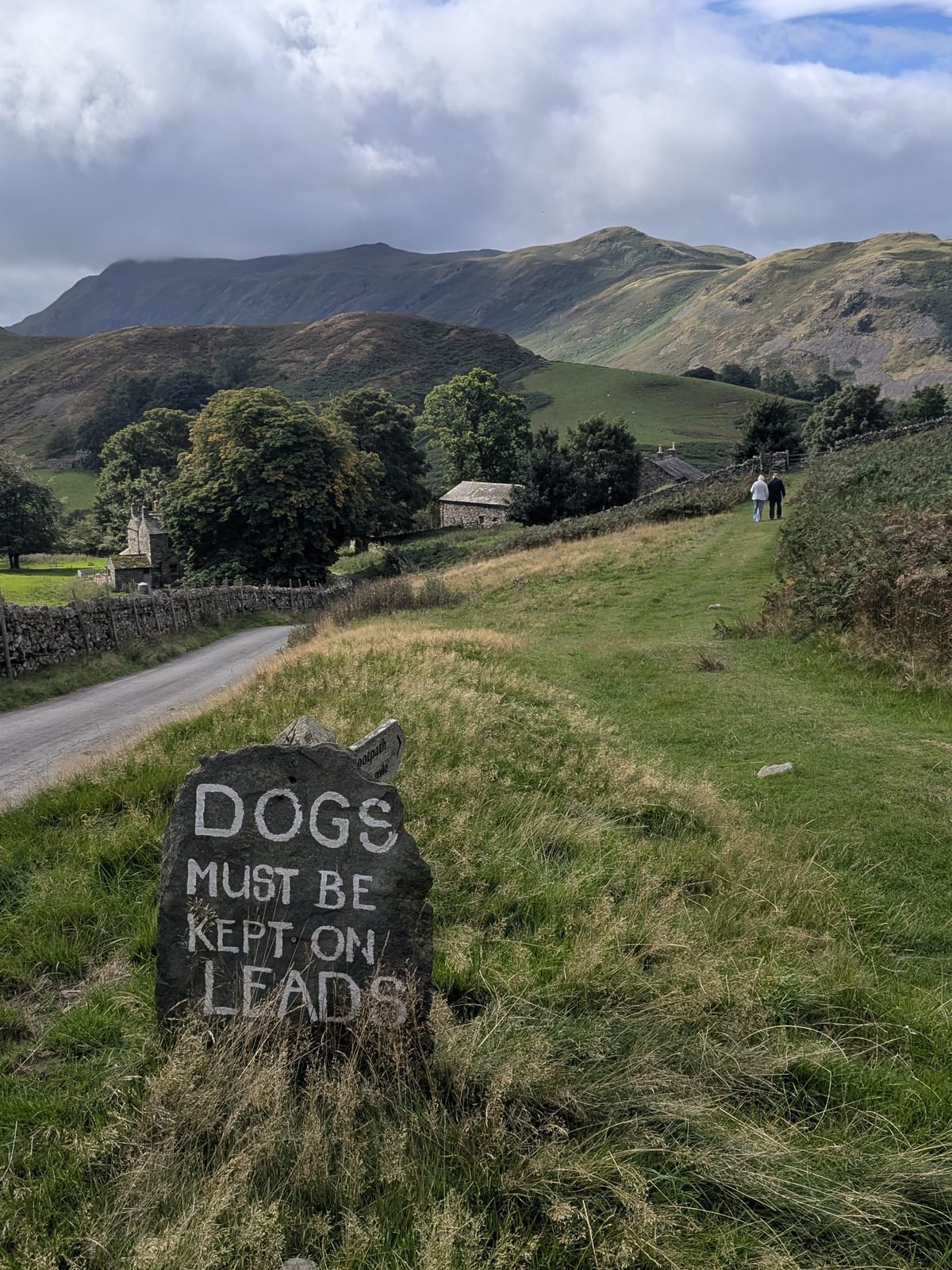 DOGS MUST BE KEPT ON LEADS painted on a slate boulder, with the Martindale valley and fells behind