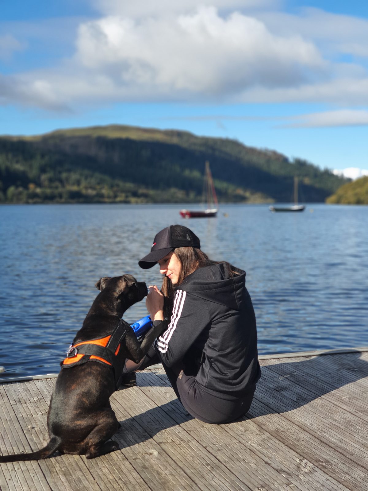 Cass supervising the butty stop on the jetty; dogs are welcome in the grounds on a lead